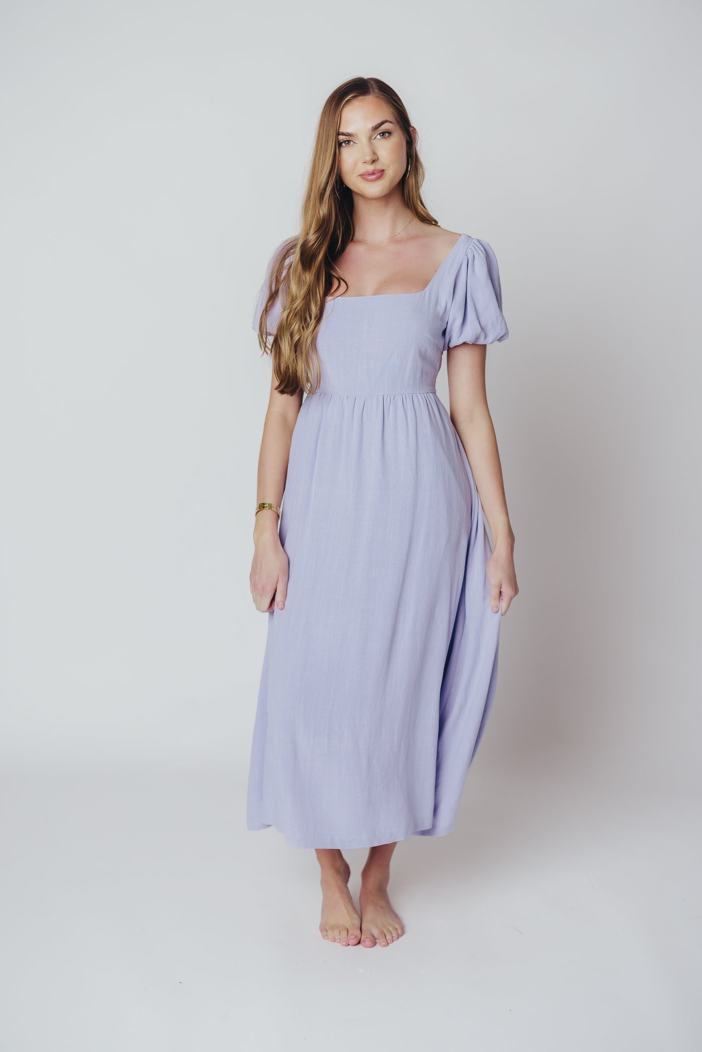 Ainsley Square Neck Midi Dress with Puffed Sleeves in Morning Glory - Bump Friendly & Inclusive Sizing (S-3XL)