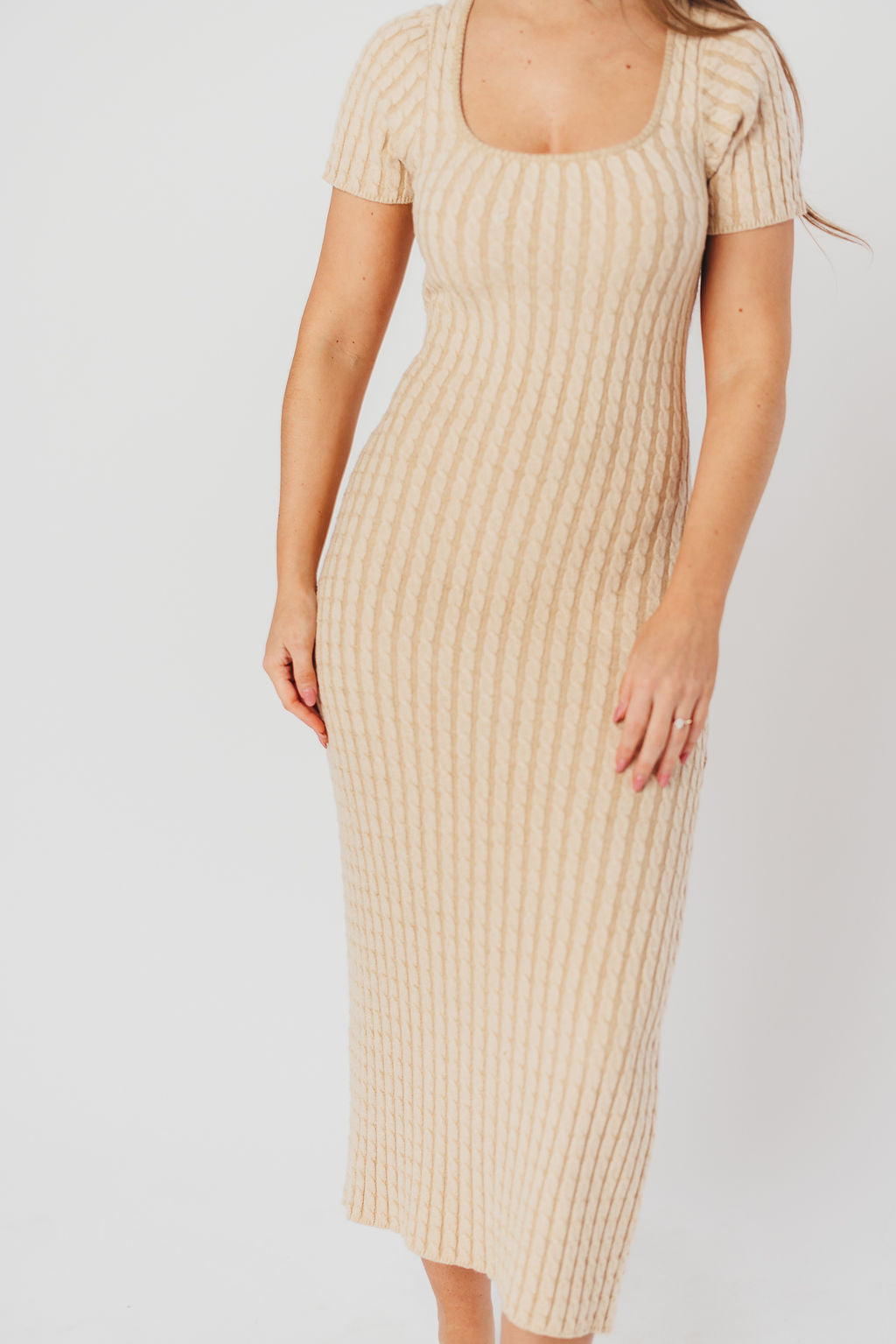 Kaylie Cable Knit Sweater Maxi Dress in Sand