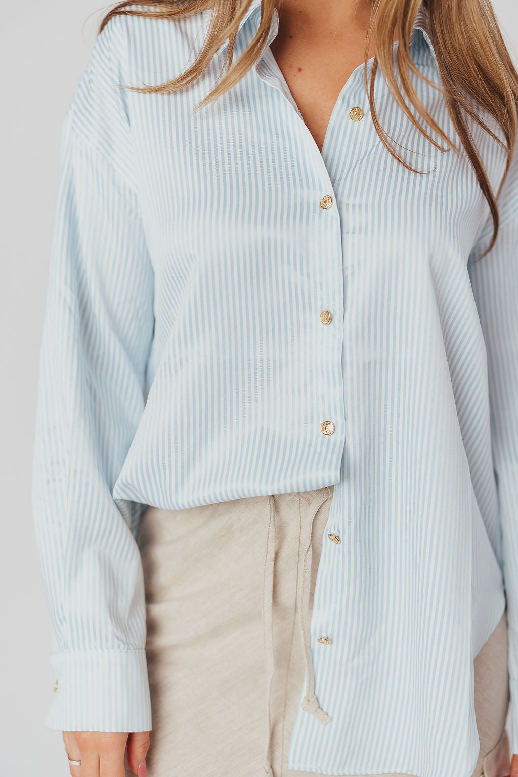 Lexie Striped Button-Up Shirt in Blue - Nursing Friendly