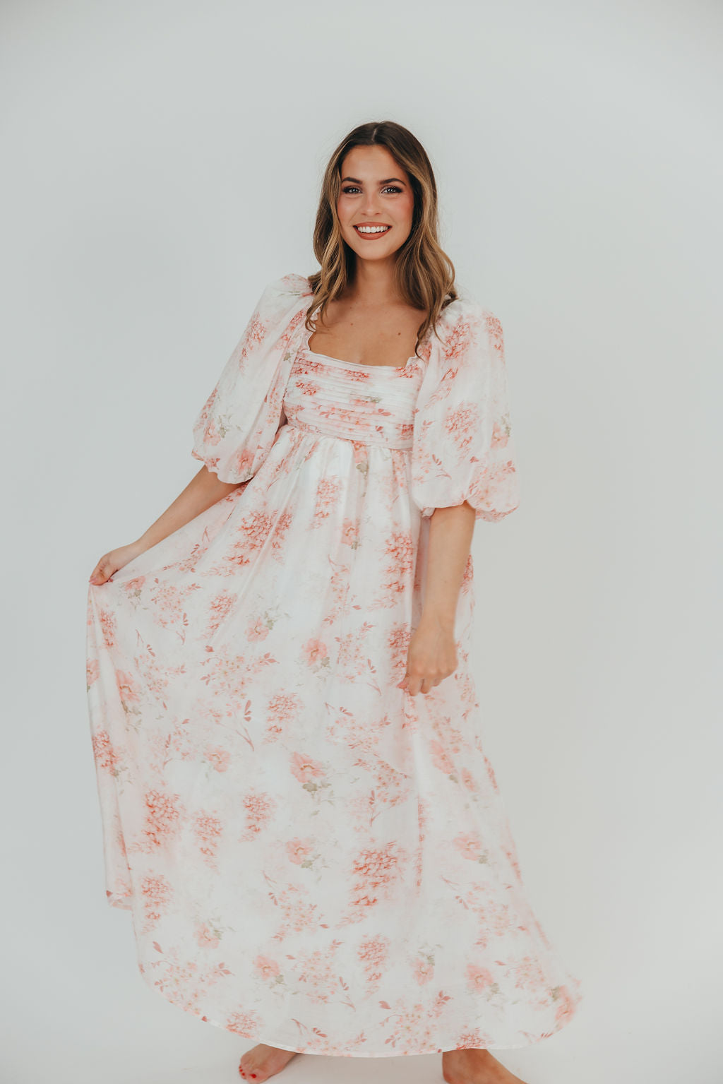 Melody Maxi Dress with Pleats and Bow Detail in Pink Floral -  Bump Friendly & Inclusive Sizing (S-3XL)