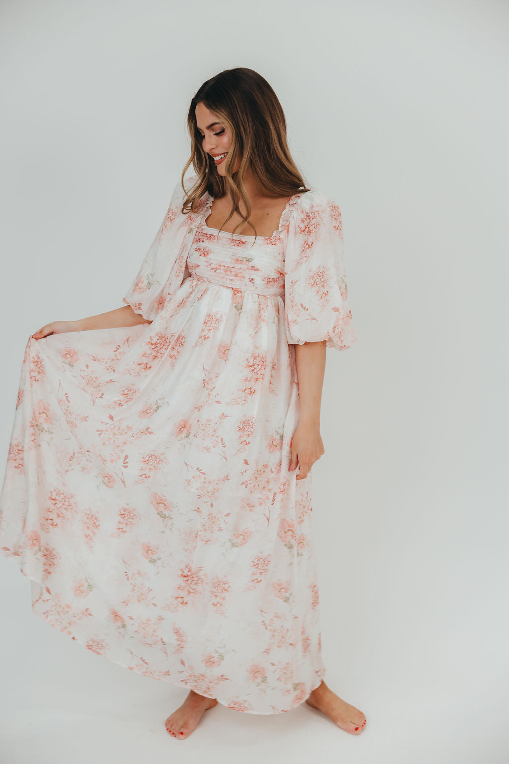 Melody Maxi Dress with Pleats and Bow Detail in Pink Floral -  Bump Friendly & Inclusive Sizing (S-3XL)