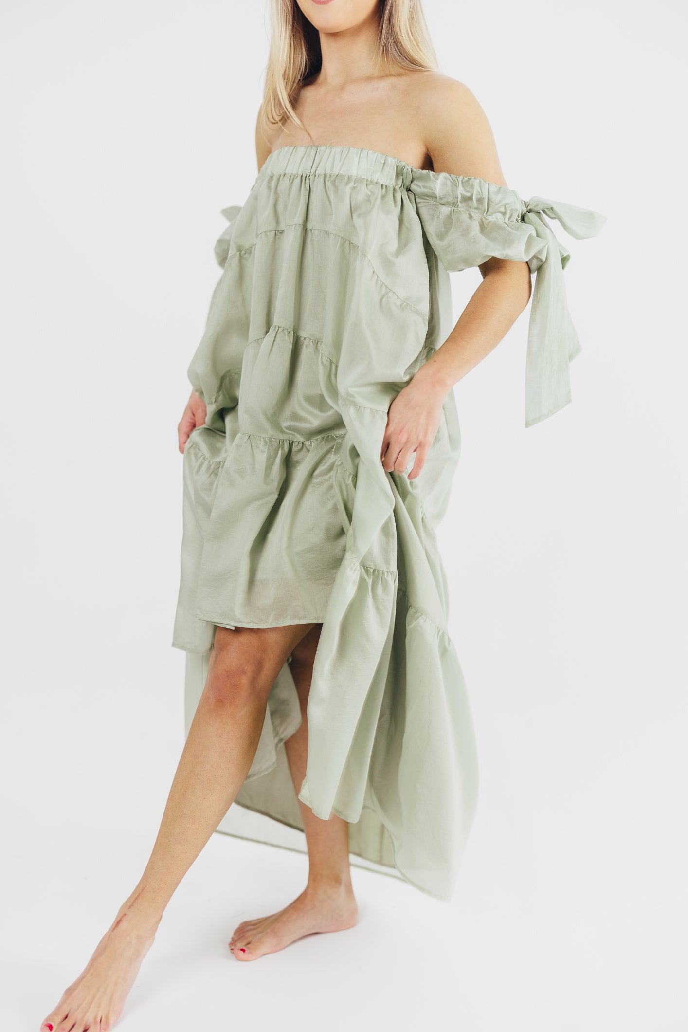 Loren Off-the-Shoulder Midi Dress with Bow Detail in Dusty Sage