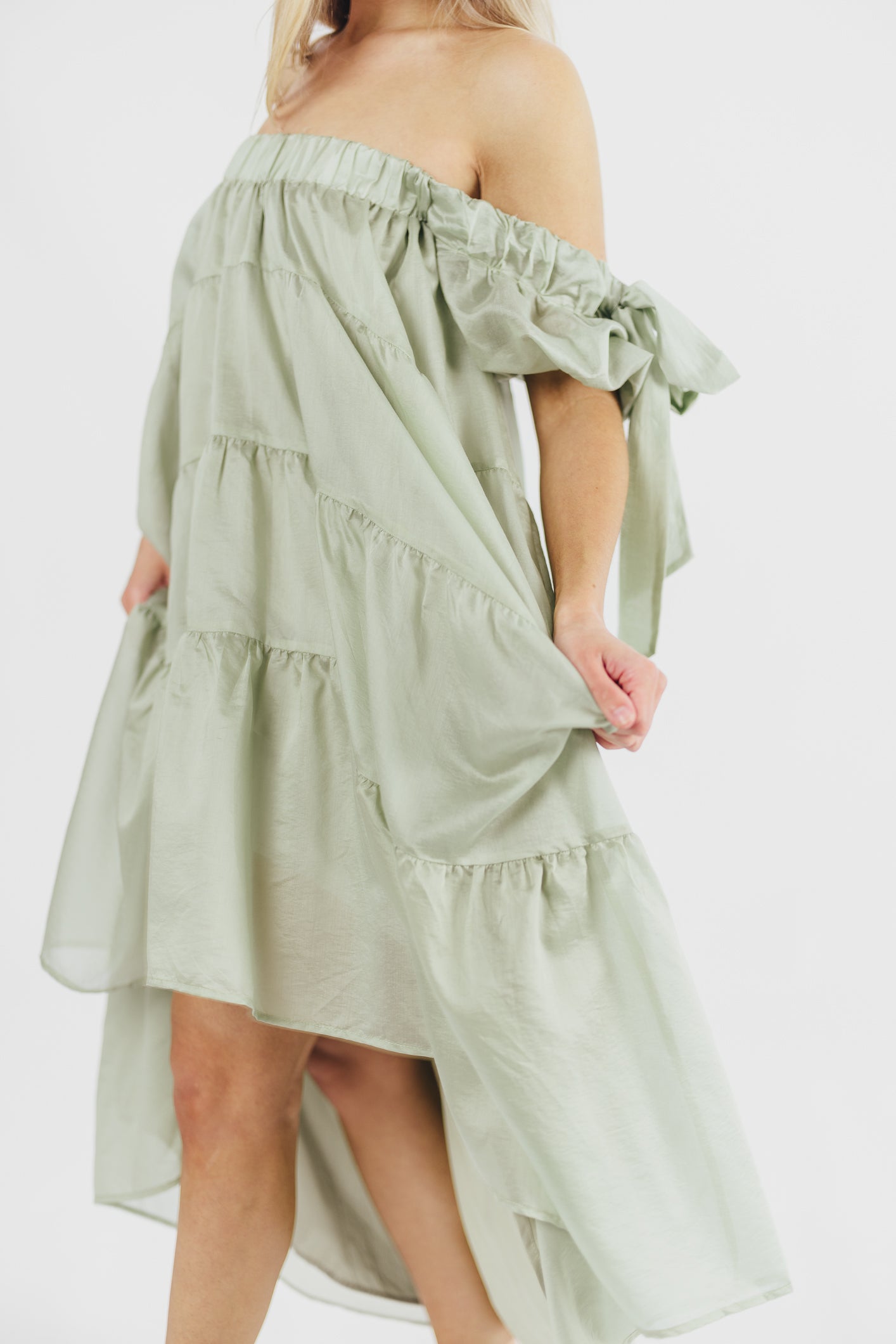 Loren Off-the-Shoulder Midi Dress with Bow Detail in Dusty Sage