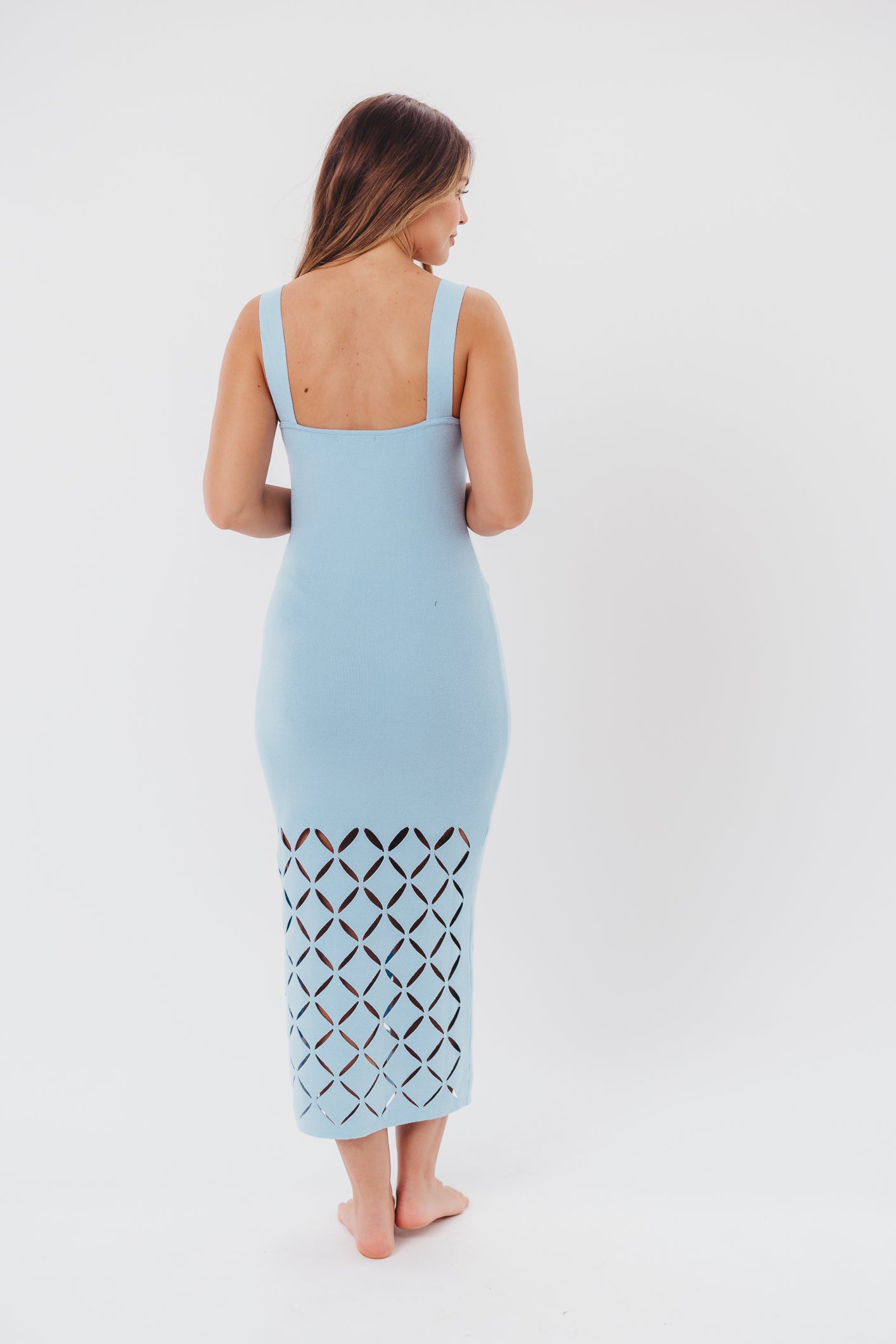 Sofia Knit Maxi Dress with Square Neckline and Cut-Out Detail in Sky