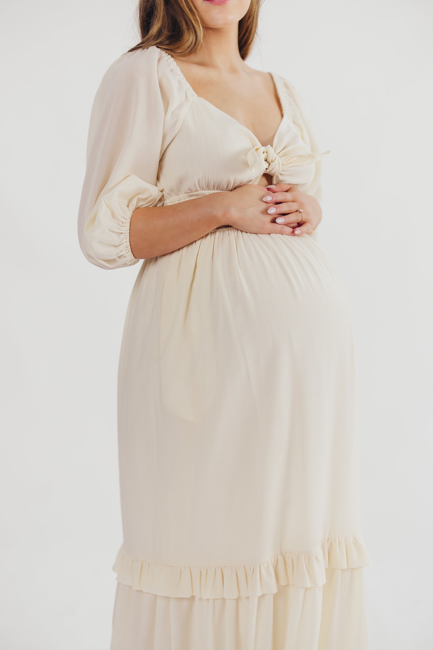 Eleanor Ruffle Detail Maxi Dress in Cream - Bump Friendly & Inclusive Sizing (S-3XL)