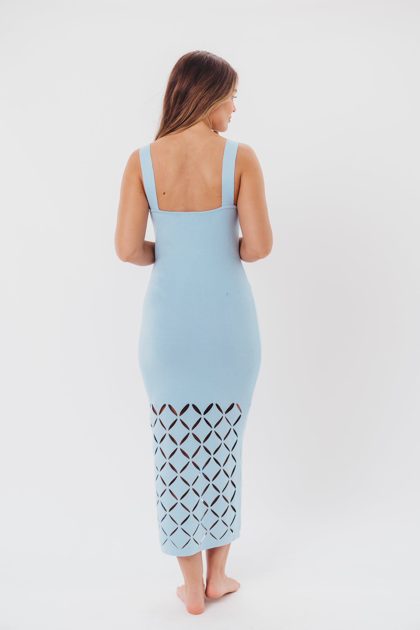 Sofia Knit Maxi Dress with Square Neckline and Cut-Out Detail in Sky