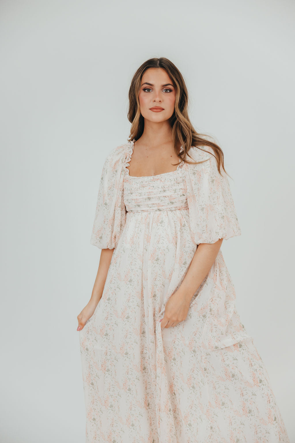 Melody Maxi Dress with Pleats and Bow Detail in Blush Floral - Bump Fr ...