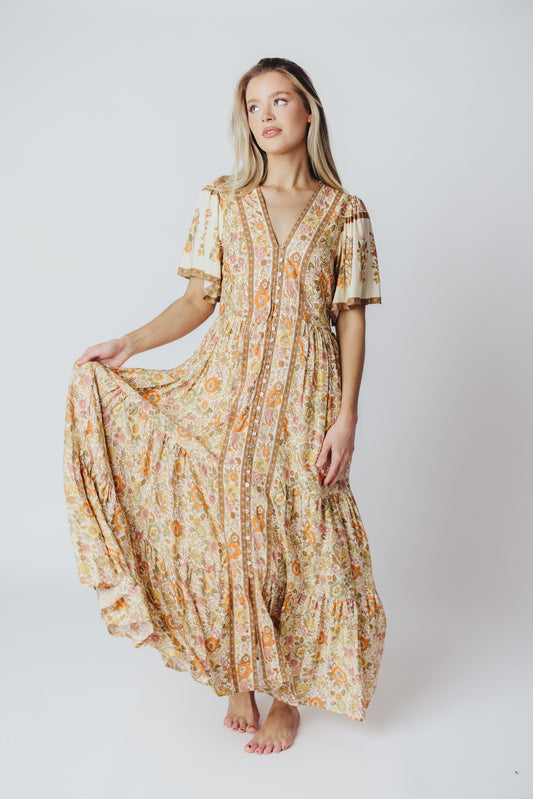 Mindi Border Print Maxi Dress with Buttons in Vintage Cream