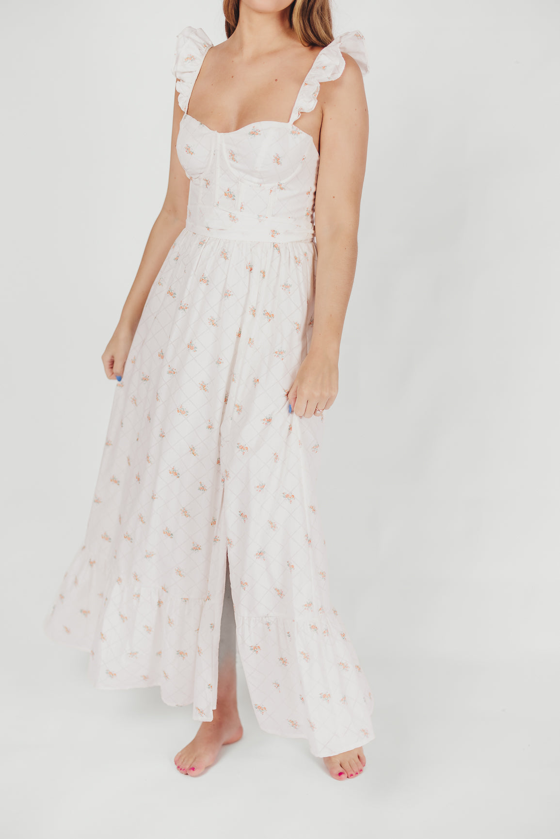 Rosamund Bustier-Style Maxi Dress in Blush Pink Floral