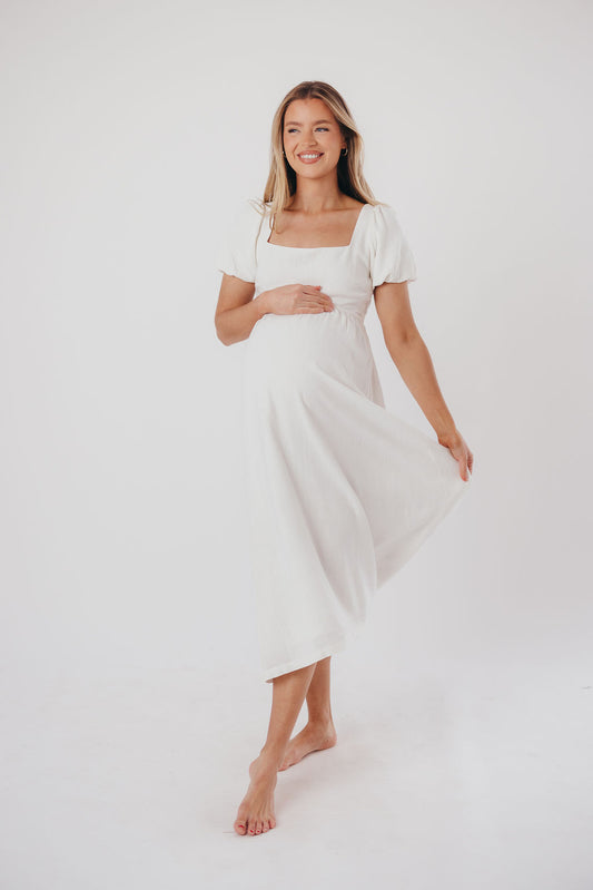 Ainsley Square Neck Midi Dress with Puffed Sleeves in Off-White - Bump Friendly & Inclusive Sizing (S-3XL)