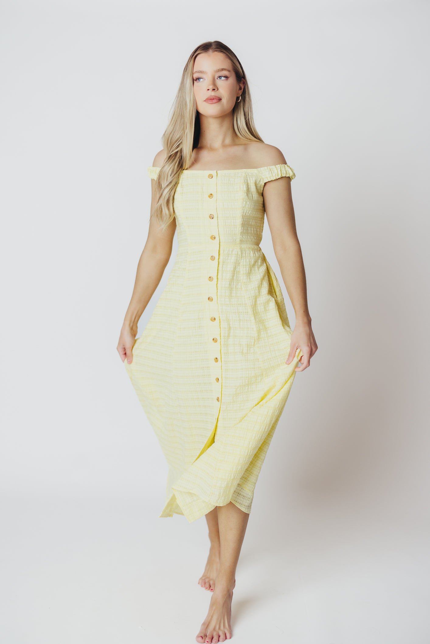 ASTR Harlyn Off-the-Shoulder Midi Dress in Yellow - Nursing Friendly