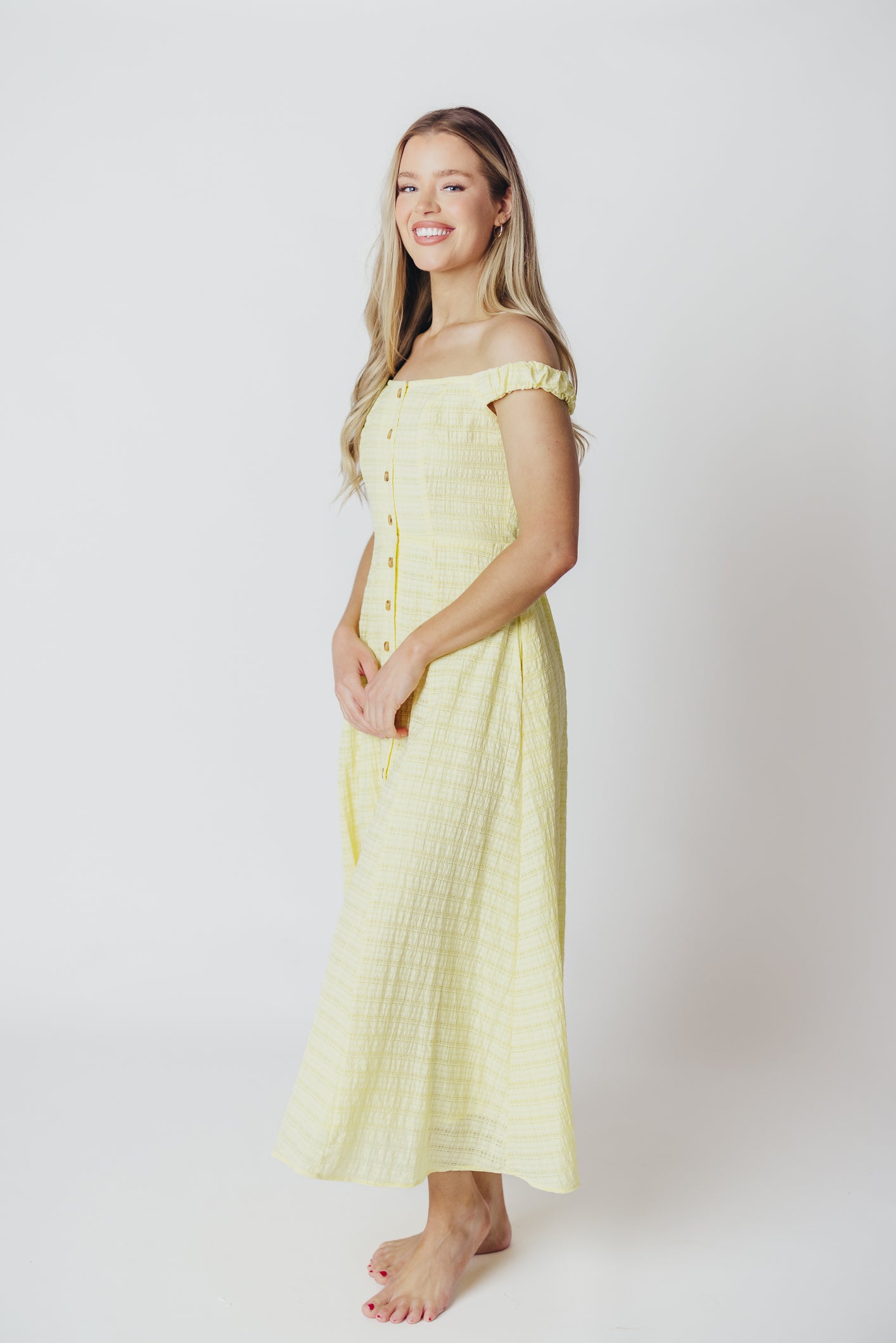 ASTR Harlyn Off-the-Shoulder Midi Dress in Yellow - Nursing Friendly