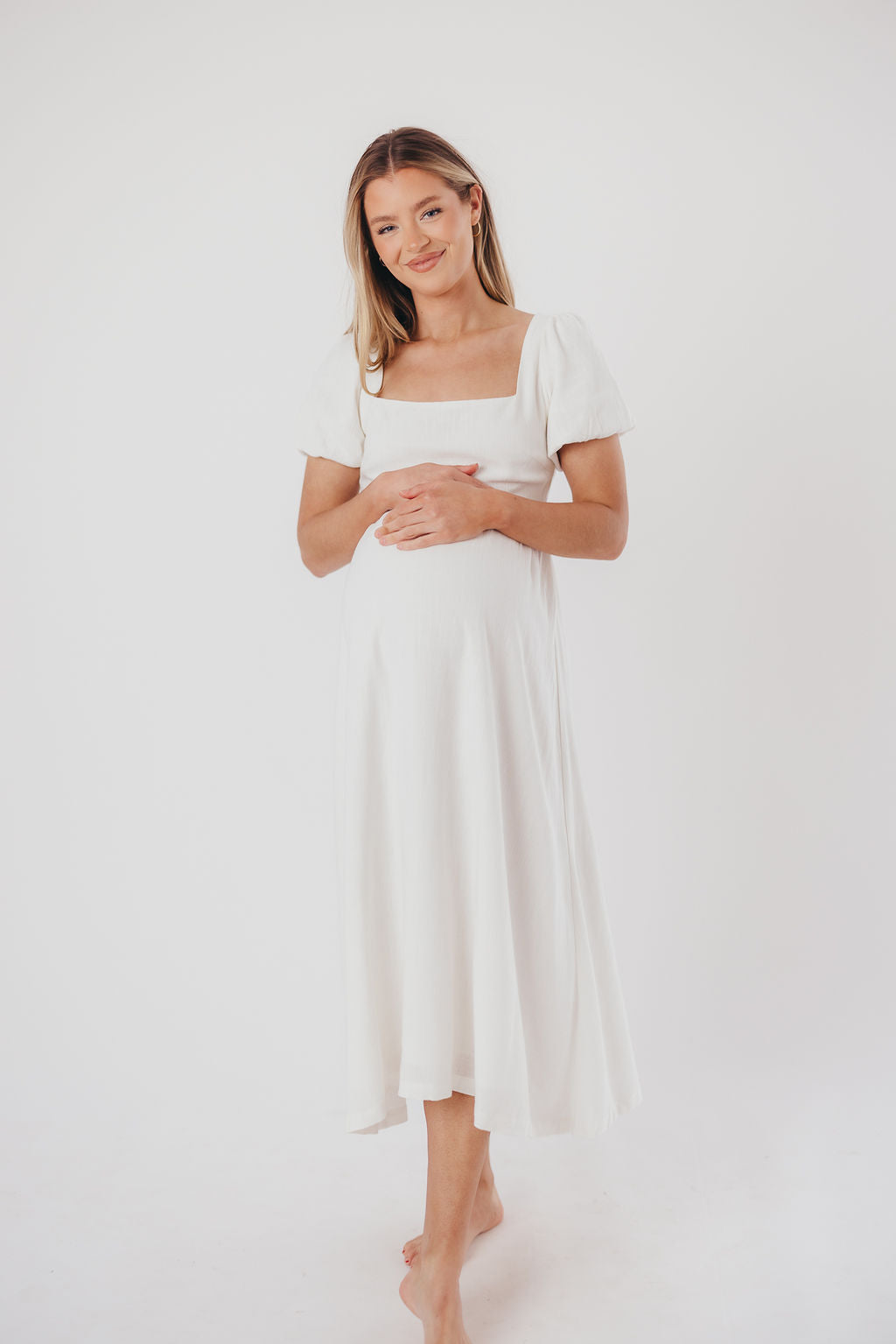 Ainsley Square Neck Midi Dress with Puffed Sleeves in Off-White - Bump Friendly & Inclusive Sizing (S-3XL)