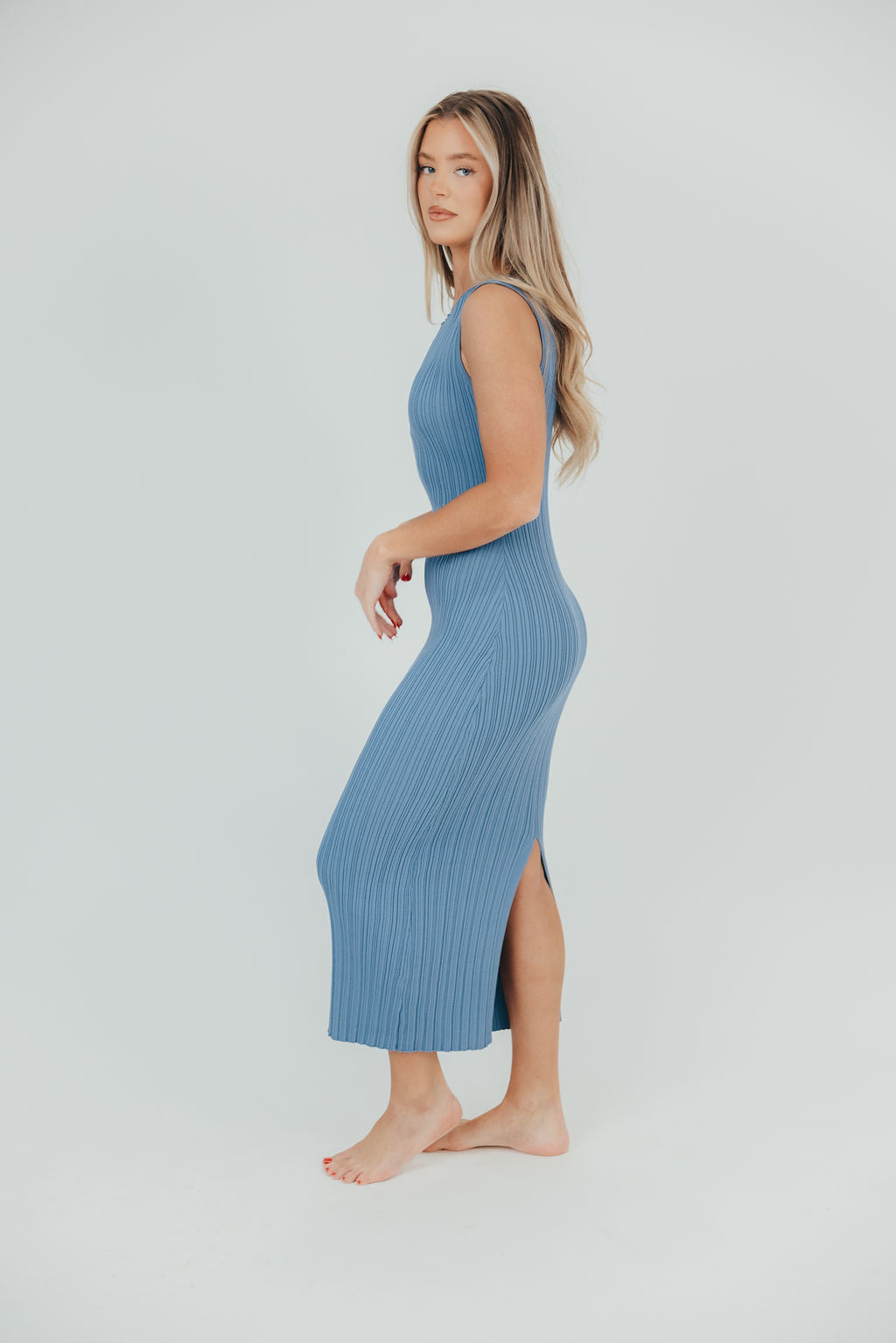 Falling For You Patterned Rib Knit Midi Dress in Blue