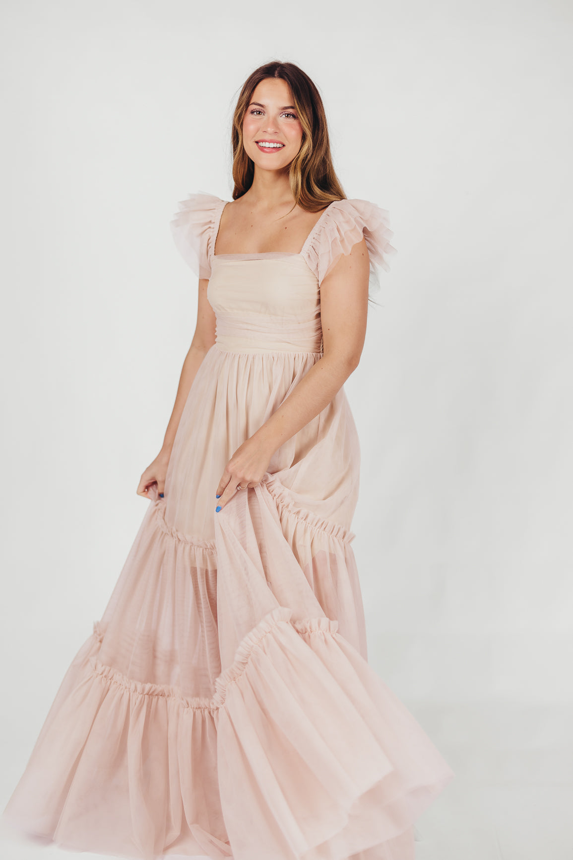 Bella Tiered Tulle Maxi Dress in Peachy Nude - Bump Friendly & Inclusive Sizing (S-3XL)