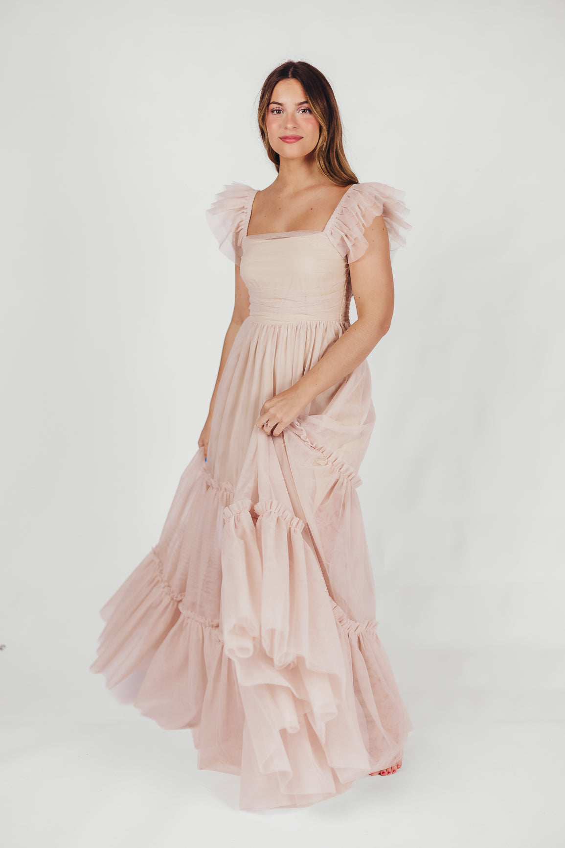 Bella Tiered Tulle Maxi Dress in Peachy Nude - Bump Friendly & Inclusive  Sizing (S-3XL)