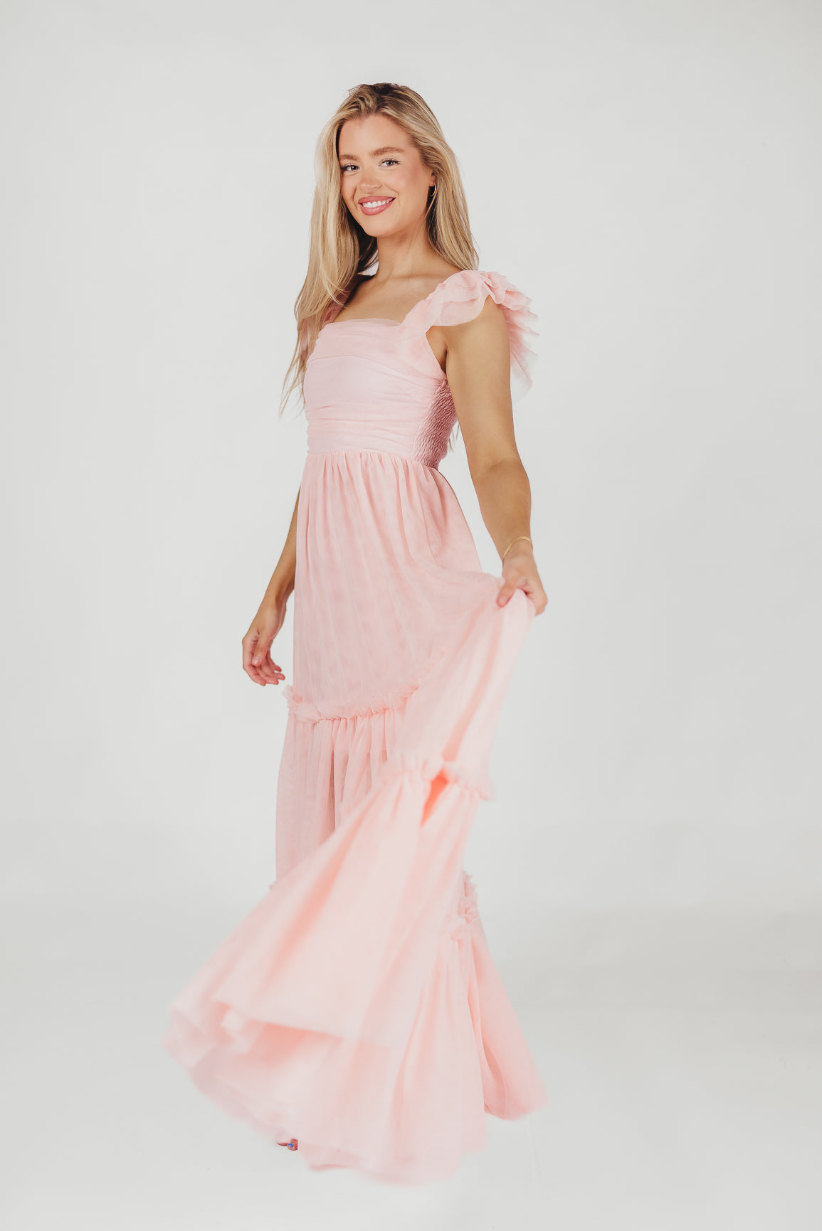 Endless Blu Bella Tiered Tulle Maxi Dress in Pink Blush Bump Friendly Inclusive Sizing s 3xl Small