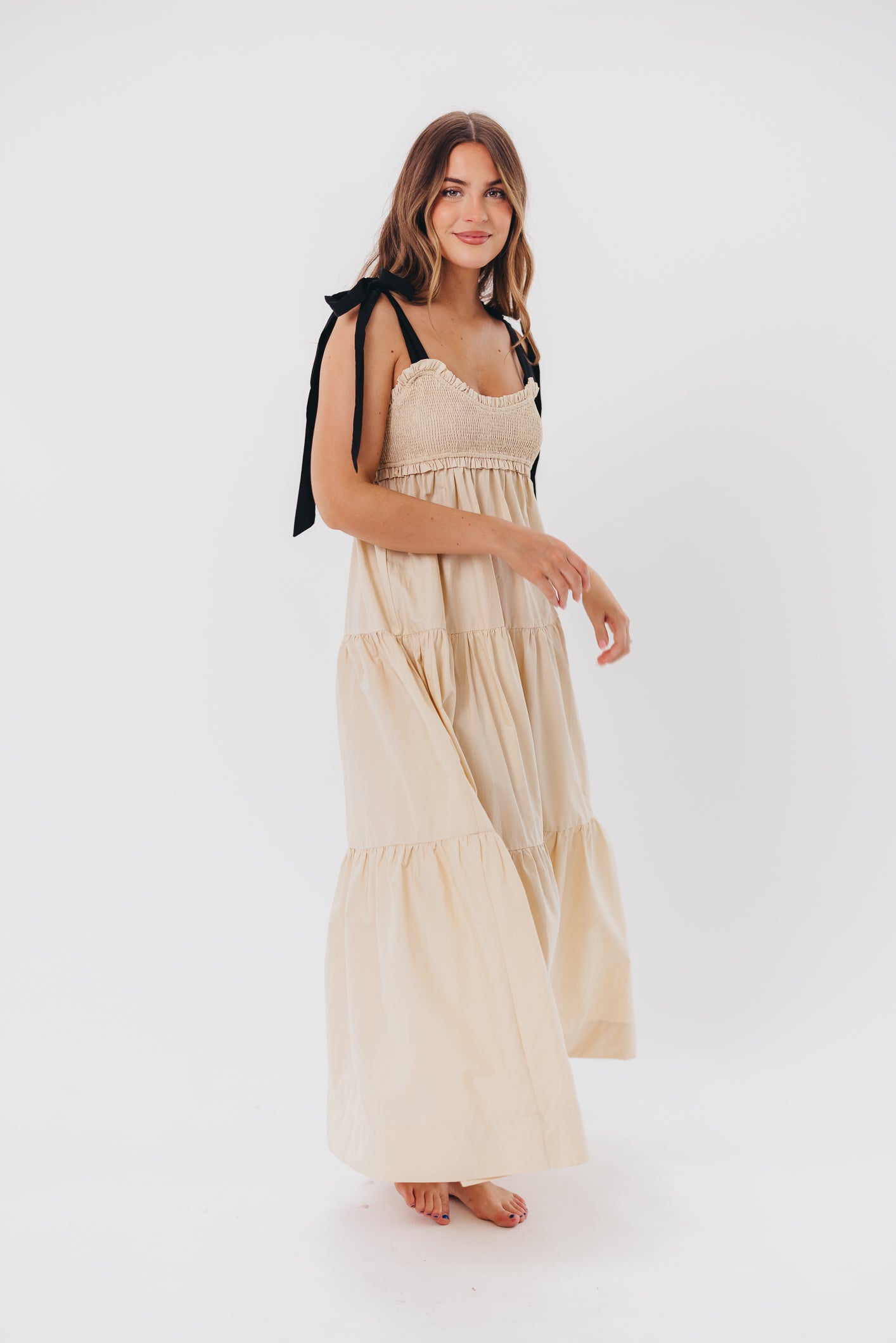 Amber Smocked Maxi Dress with Shoulder Tie in Taupe/Black
