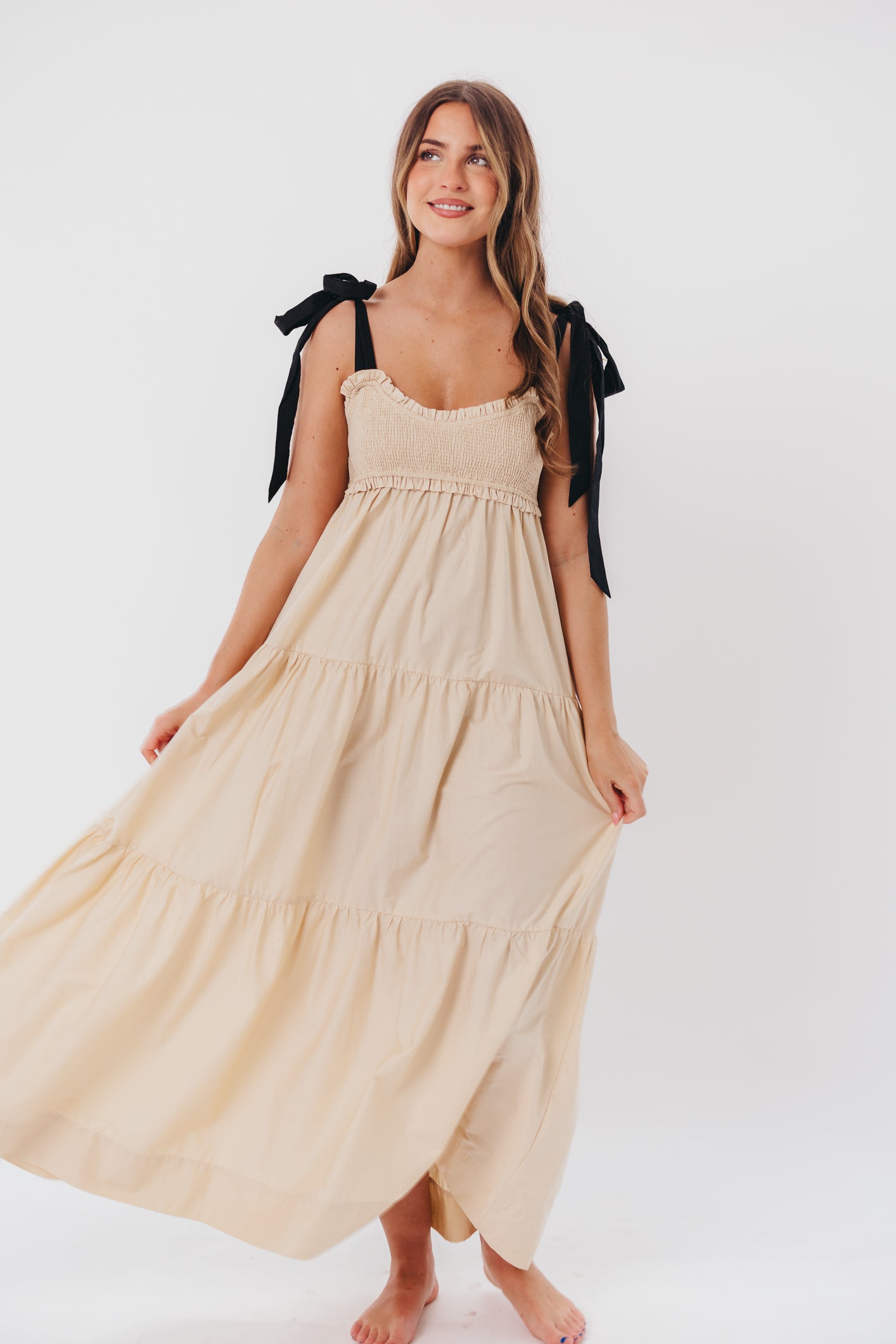 Amber Smocked Maxi Dress with Shoulder Tie in Taupe/Black
