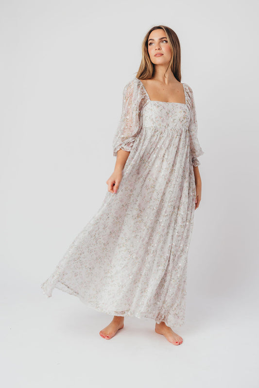 Mona Maxi Dress with Smocking in Grey Floral - Bump Friendly - Restocking February 2024