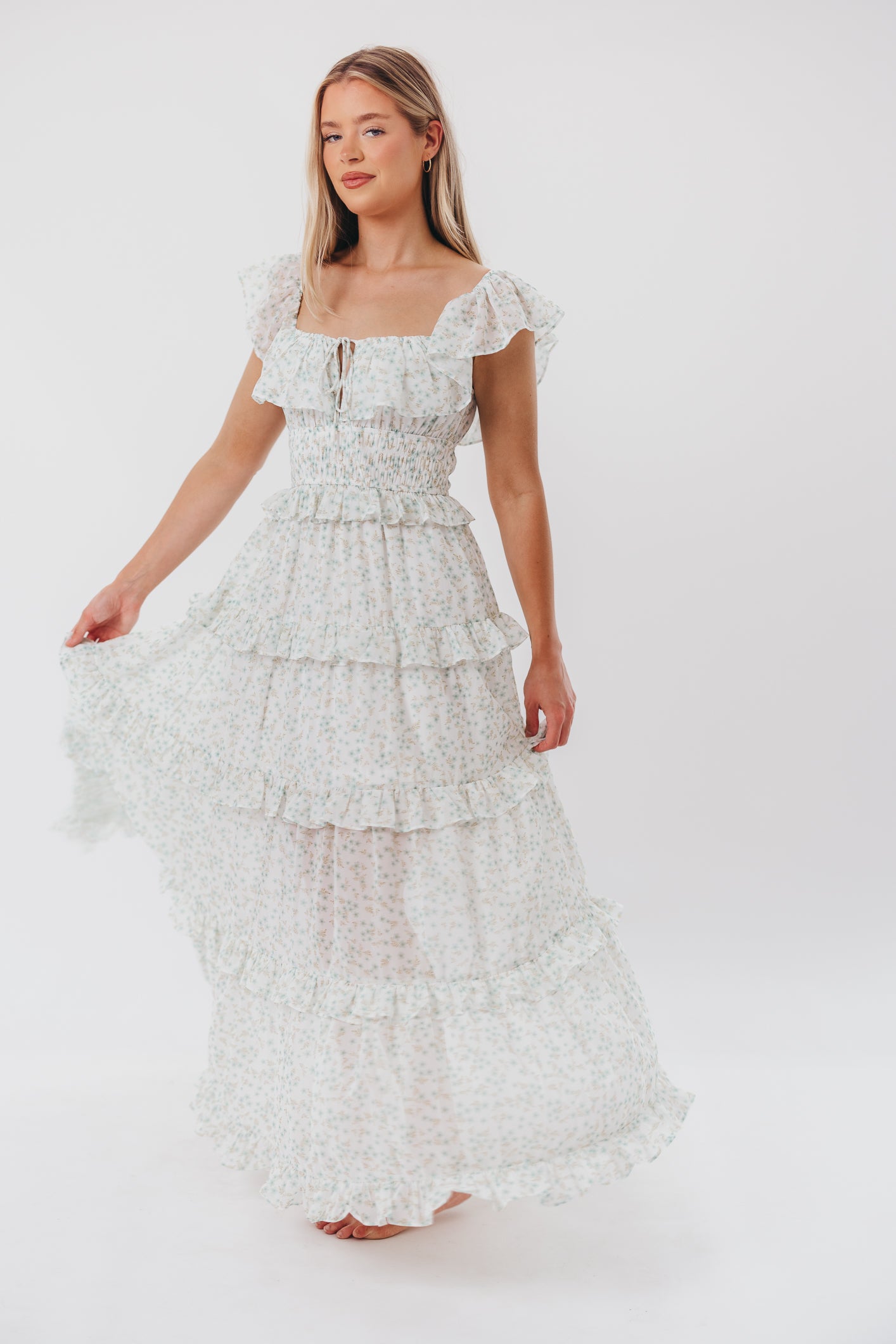 Astrid Ruffle Detail Maxi Dress in Sage Floral - Bump Friendly