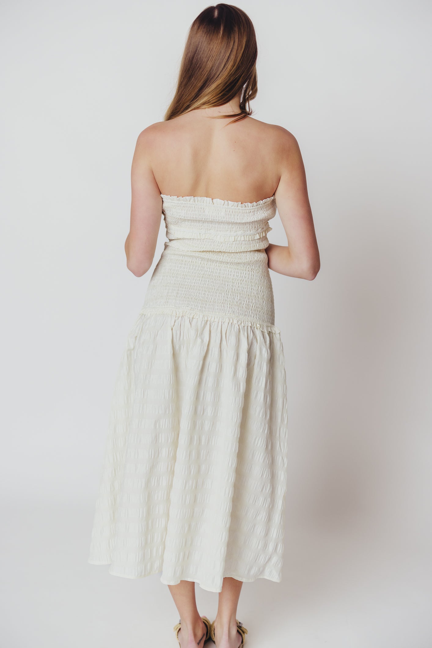 Whitley Strapless Sweetheart Midi Dress in Ivory