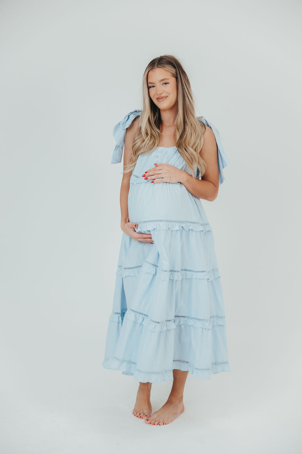 Jillian 100% Cotton Eyelet Mama Dress in Blue - Bump Friendly ( Sign up for Restocks)
