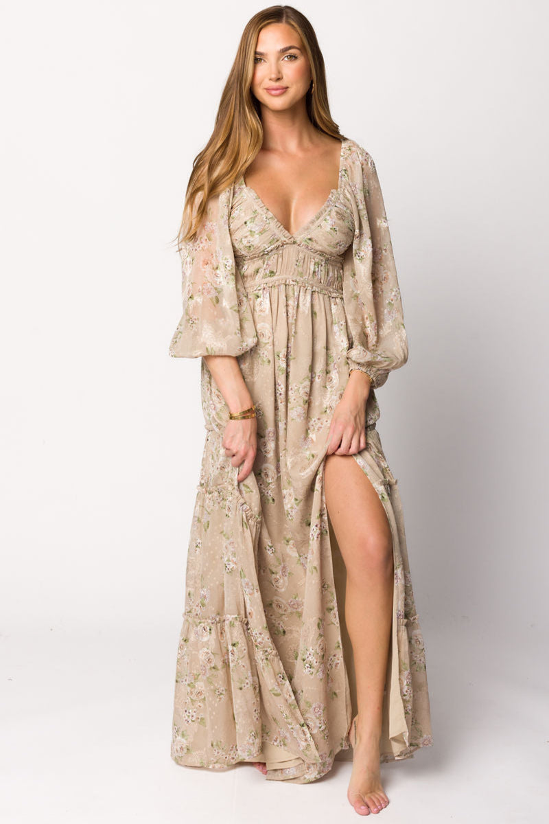 Daphne Long Sleeve Maxi Dress in Beige/Multi Floral - Bump