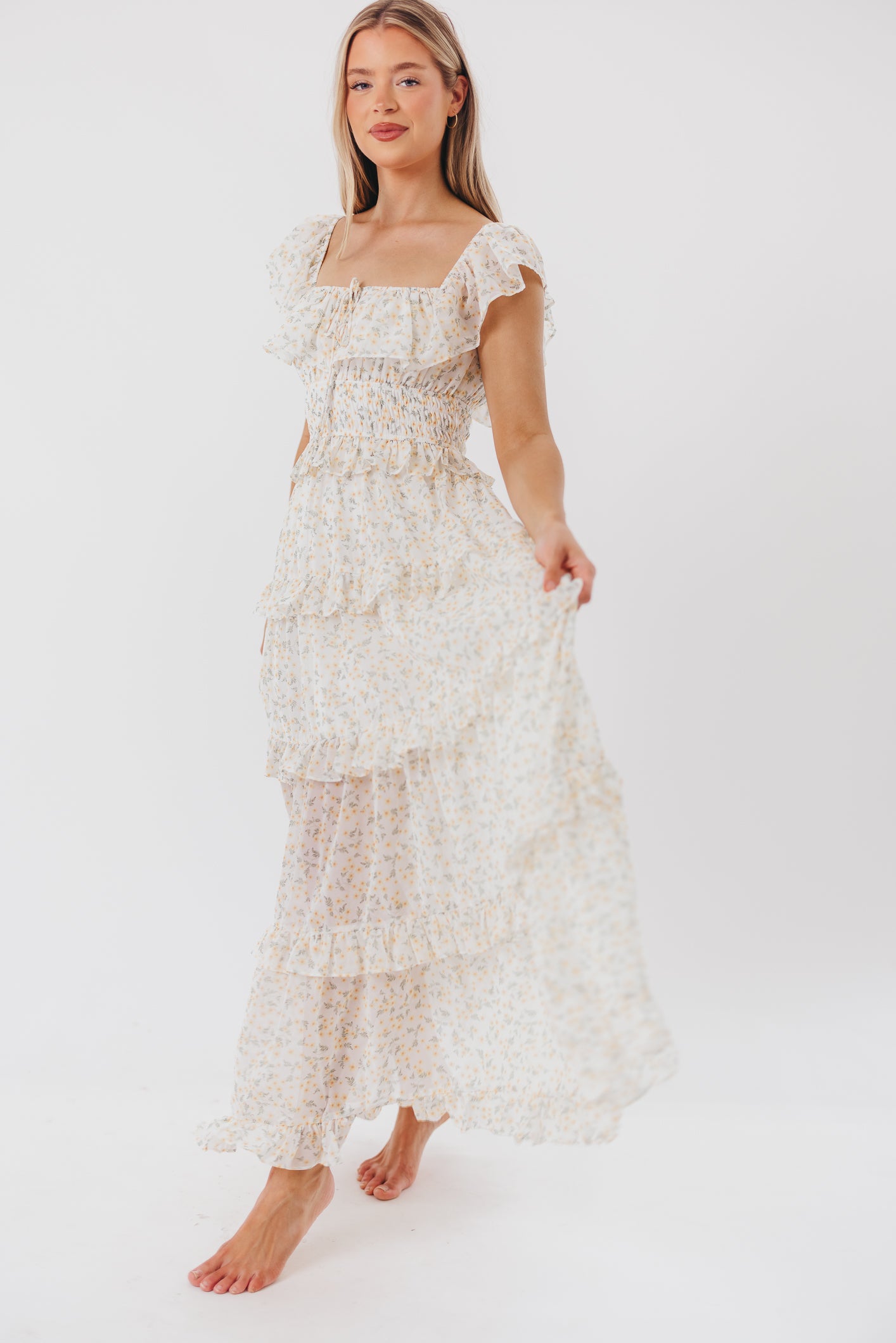 Astrid Ruffle Detail Maxi Dress in Yellow Floral *Fully Lined* - Bump Friendly
