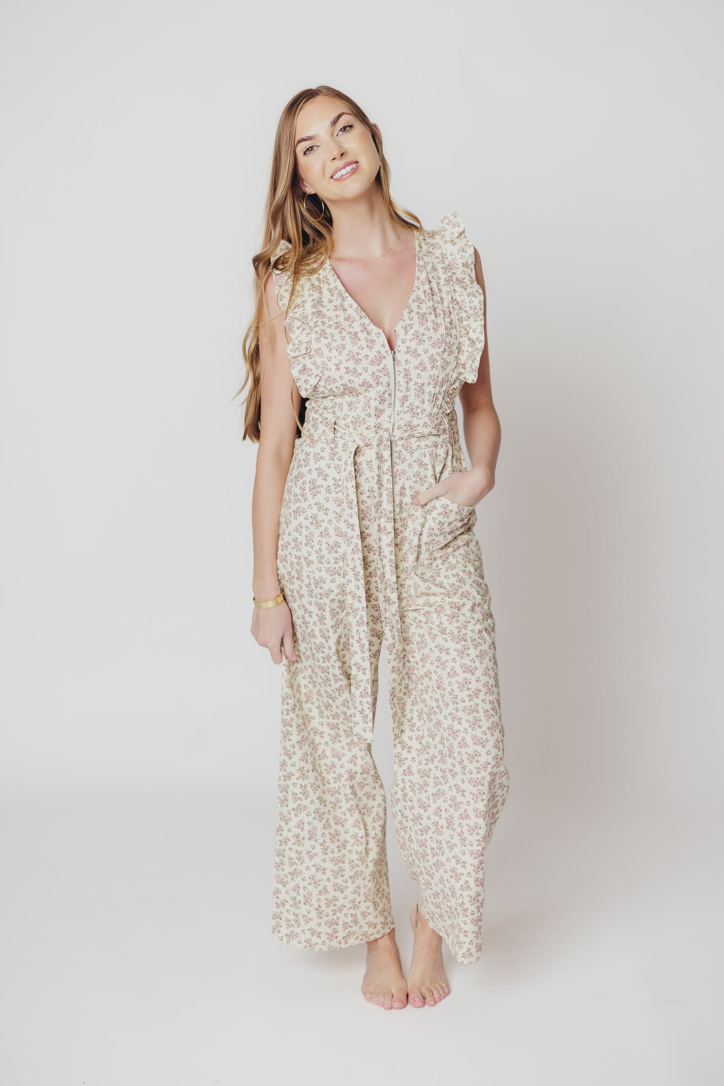 Janet Zippered Jumpsuit with Ruffles in Cream/Pink Floral - Nursing Friendly