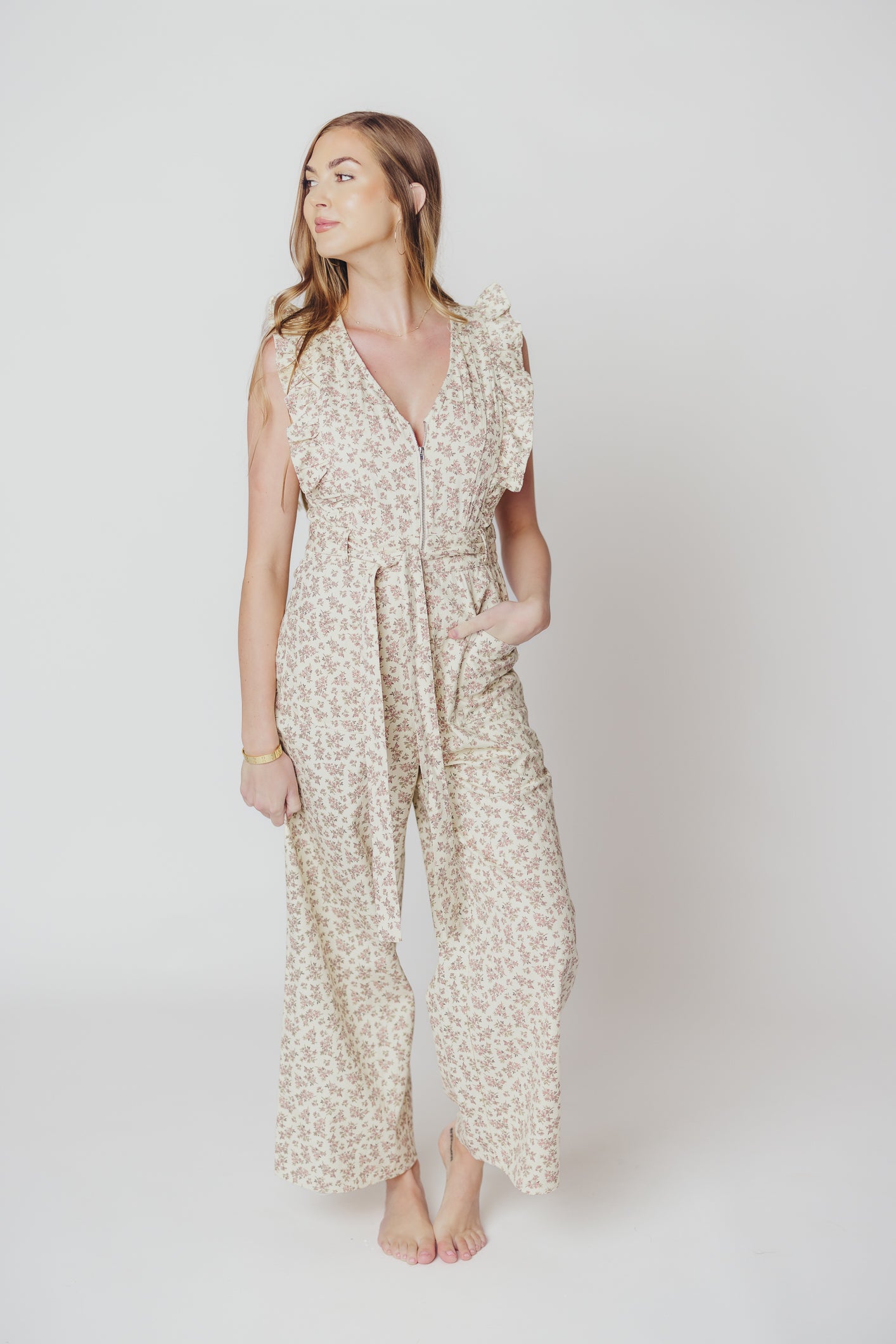 Janet Zippered Jumpsuit with Ruffles in Cream/Pink Floral - Nursing Friendly