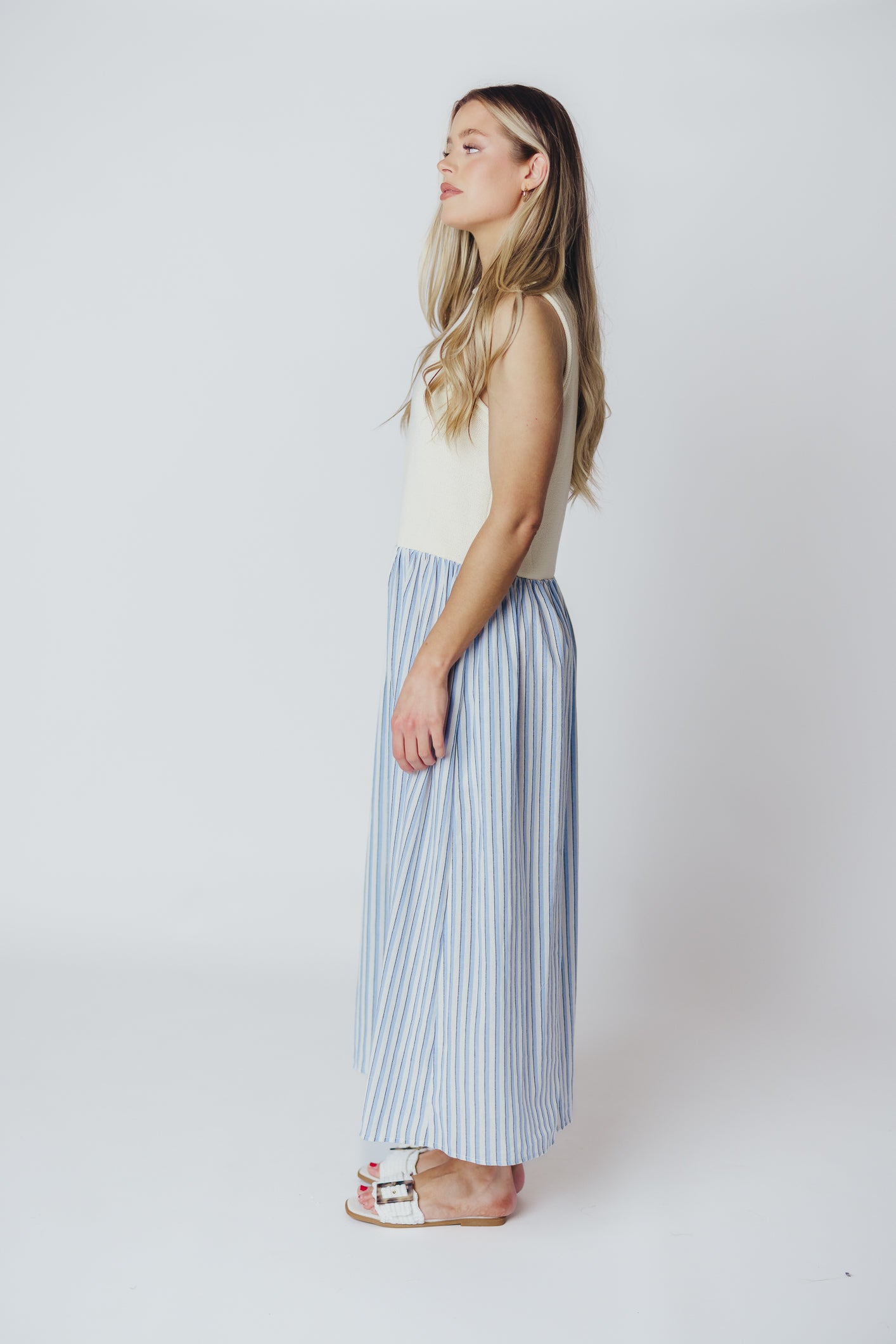 Hannah Combination Midi Dress in Ivory/Blue