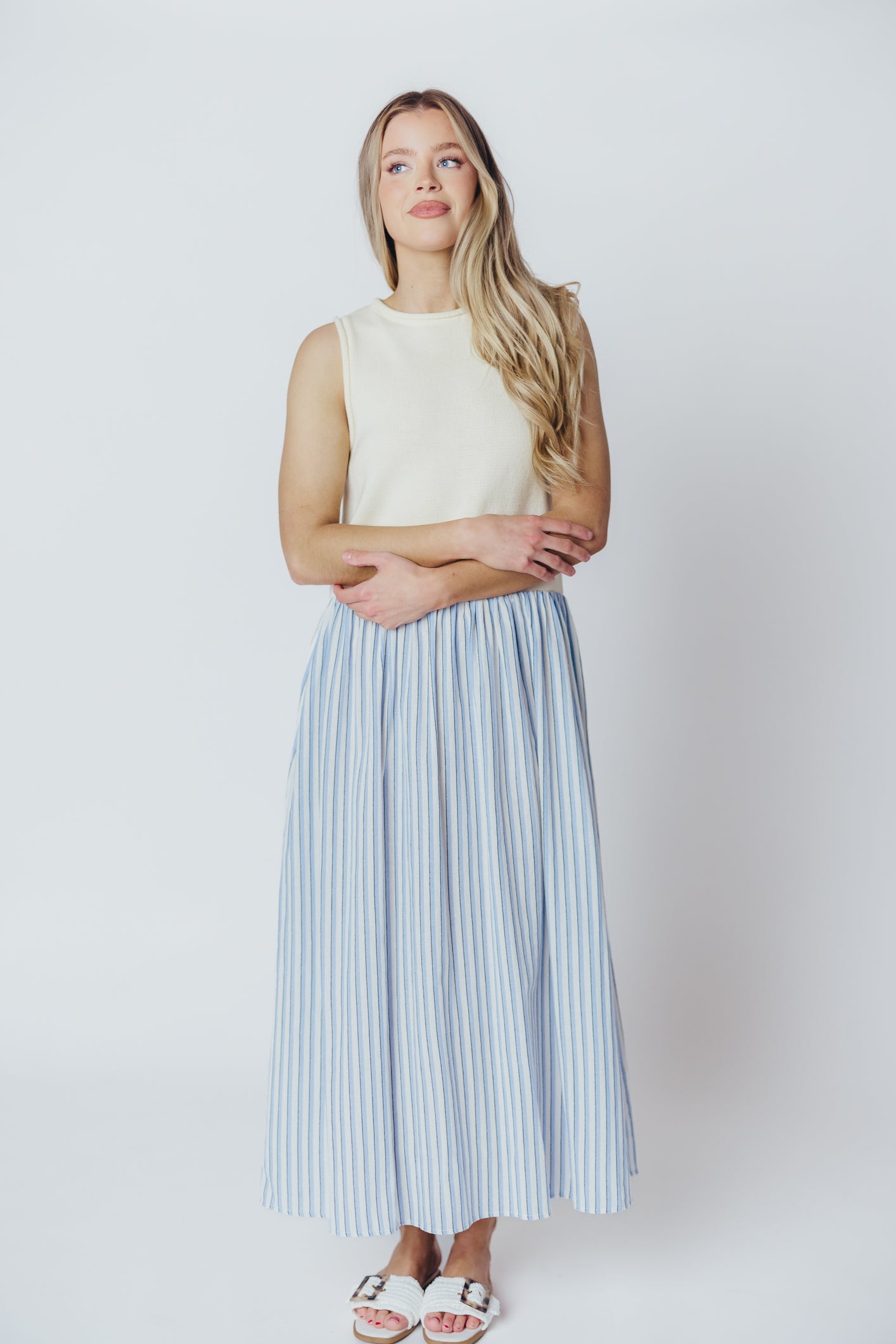 Hannah Combination Midi Dress in Ivory/Blue