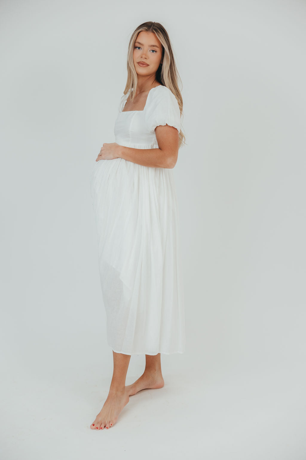 Elizabeth Linen-Blend Puffed Sleeve Midi Dress in Off-White - Bump Friendly