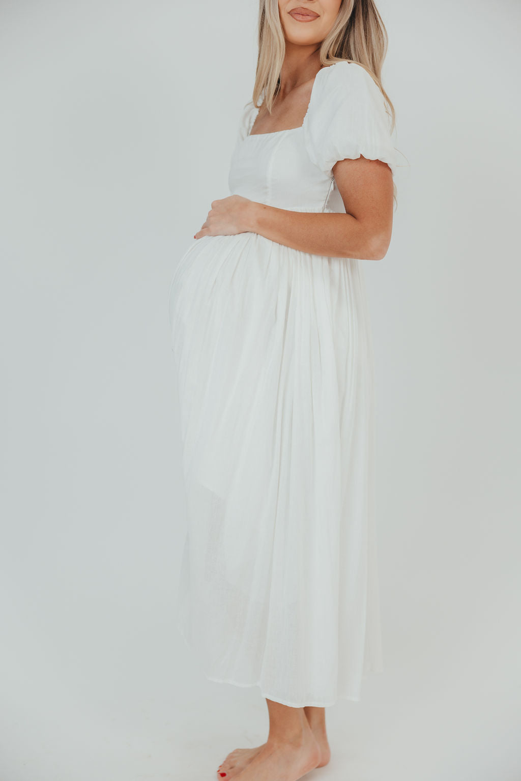 Elizabeth Linen-Blend Puffed Sleeve Midi Dress in Off-White - Bump Friendly