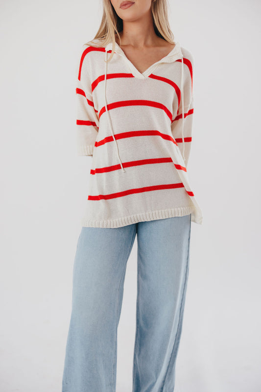 Legacy Knit 3/4 Sleeve Pullover with Tassels in Ivory/Red Stripe