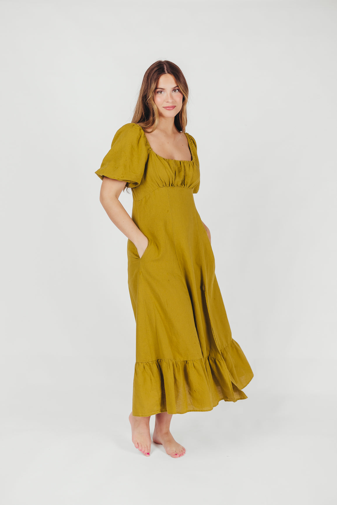 Beatrice Linen Fit-and-Flare Maxi Dress in Chartreuse