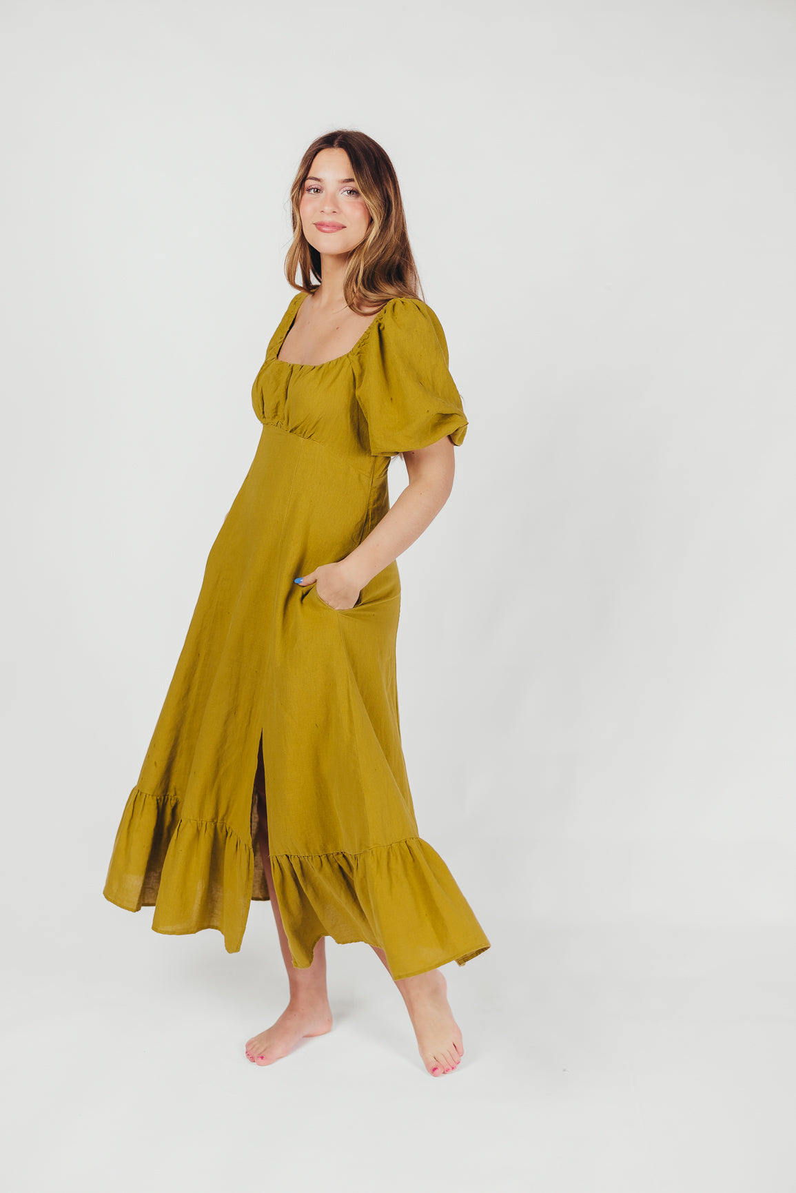 Beatrice Linen Fit-and-Flare Maxi Dress in Chartreuse