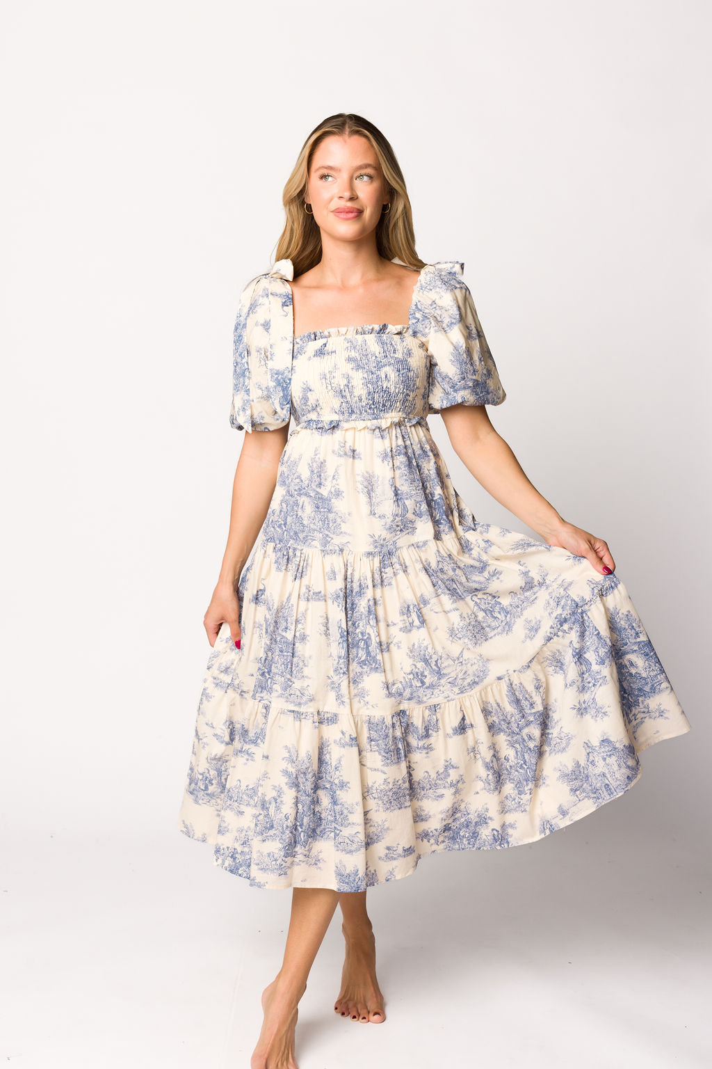 Elena 100% Cotton Toile Print Smocked Midi Dress in Blue