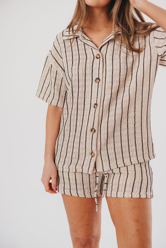 Jasmine Button-Up and Shorts Set in Tan Stripe - Nursing Friendly