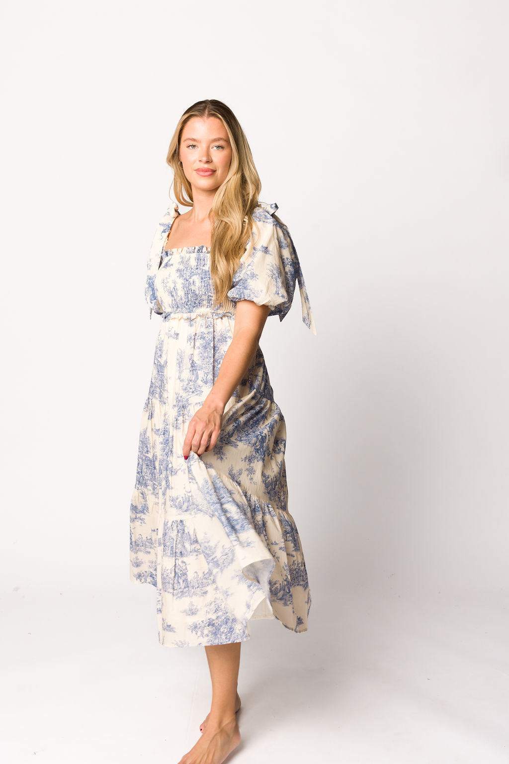 Linen Vintage Floral Midi Fit and Flare Dress, Sleeveless, A