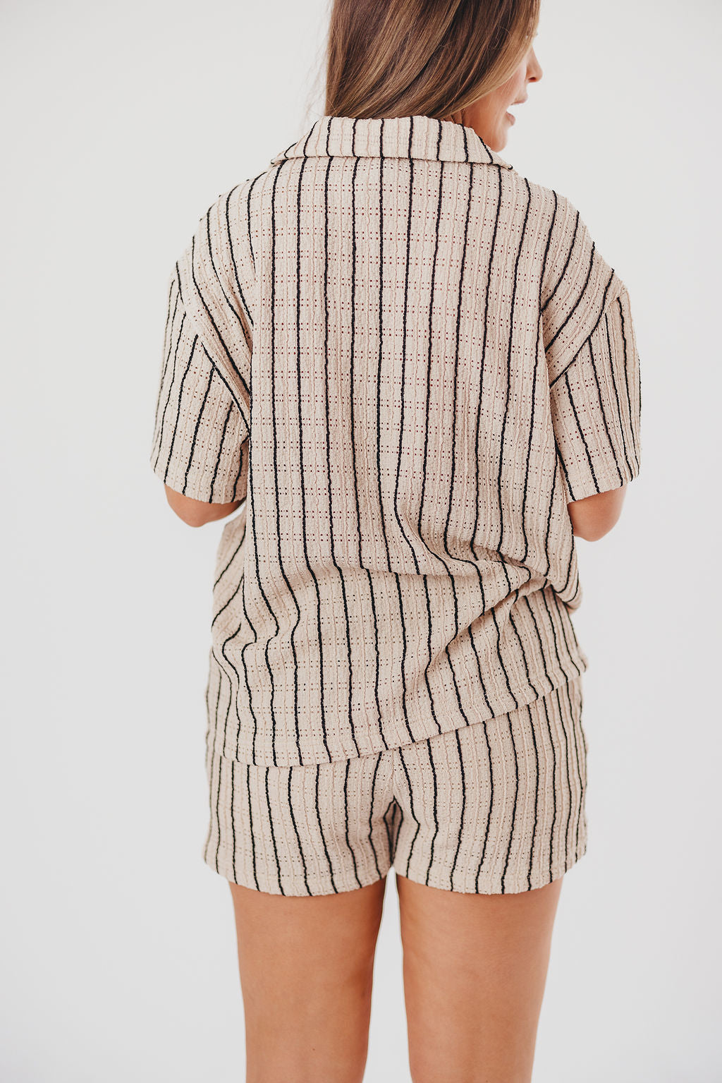 Jasmine Button-Up and Shorts Set in Tan Stripe - Nursing Friendly