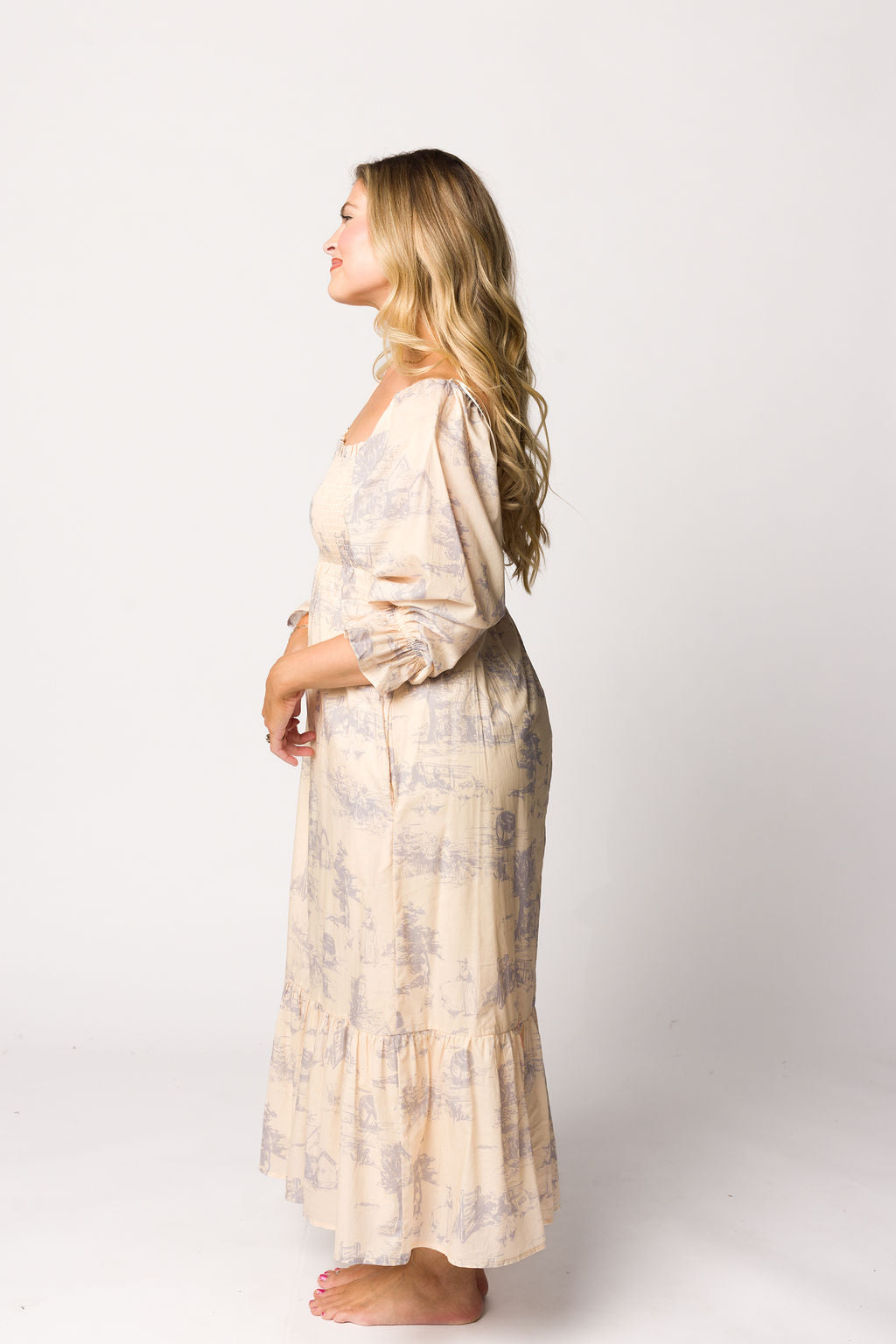 Bria Smocked Midi Dress with Puffed Long Sleeves in Ecru