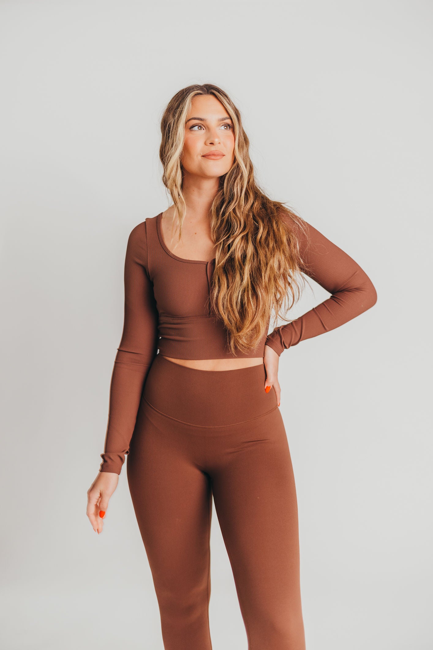 Worth The Label Cropped Long Sleeve Top in Brown