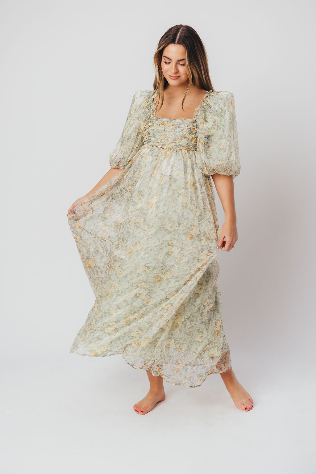 Melody Maxi Dress with Pleats and Bow Detail in Sage Floral - Bump Friendly & Inclusive Sizing (S-3XL)