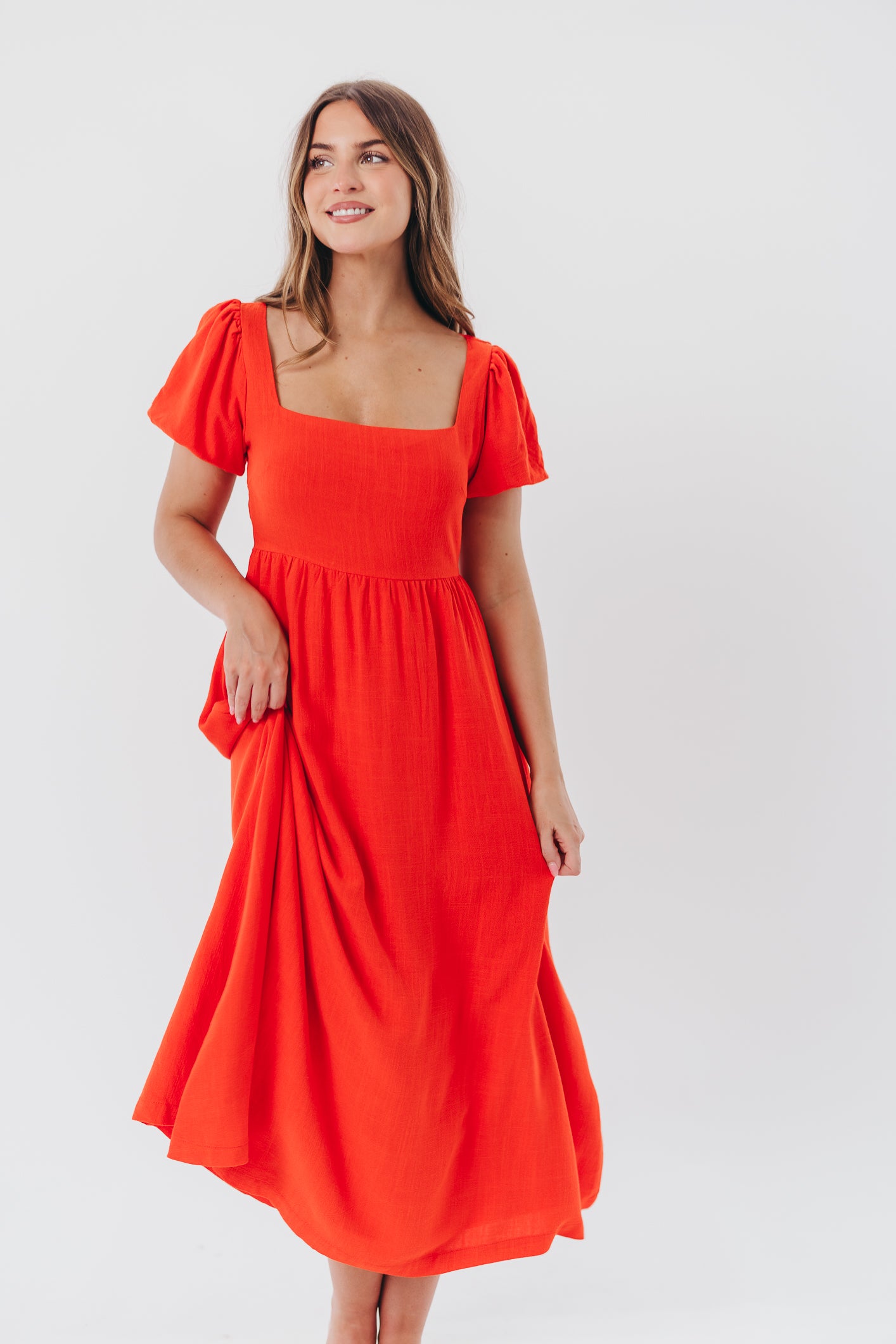 Ainsley Square Neck Midi Dress with Puffed Sleeves in Red Poppy - Bump Friendly & Inclusive Sizing (S-3XL)