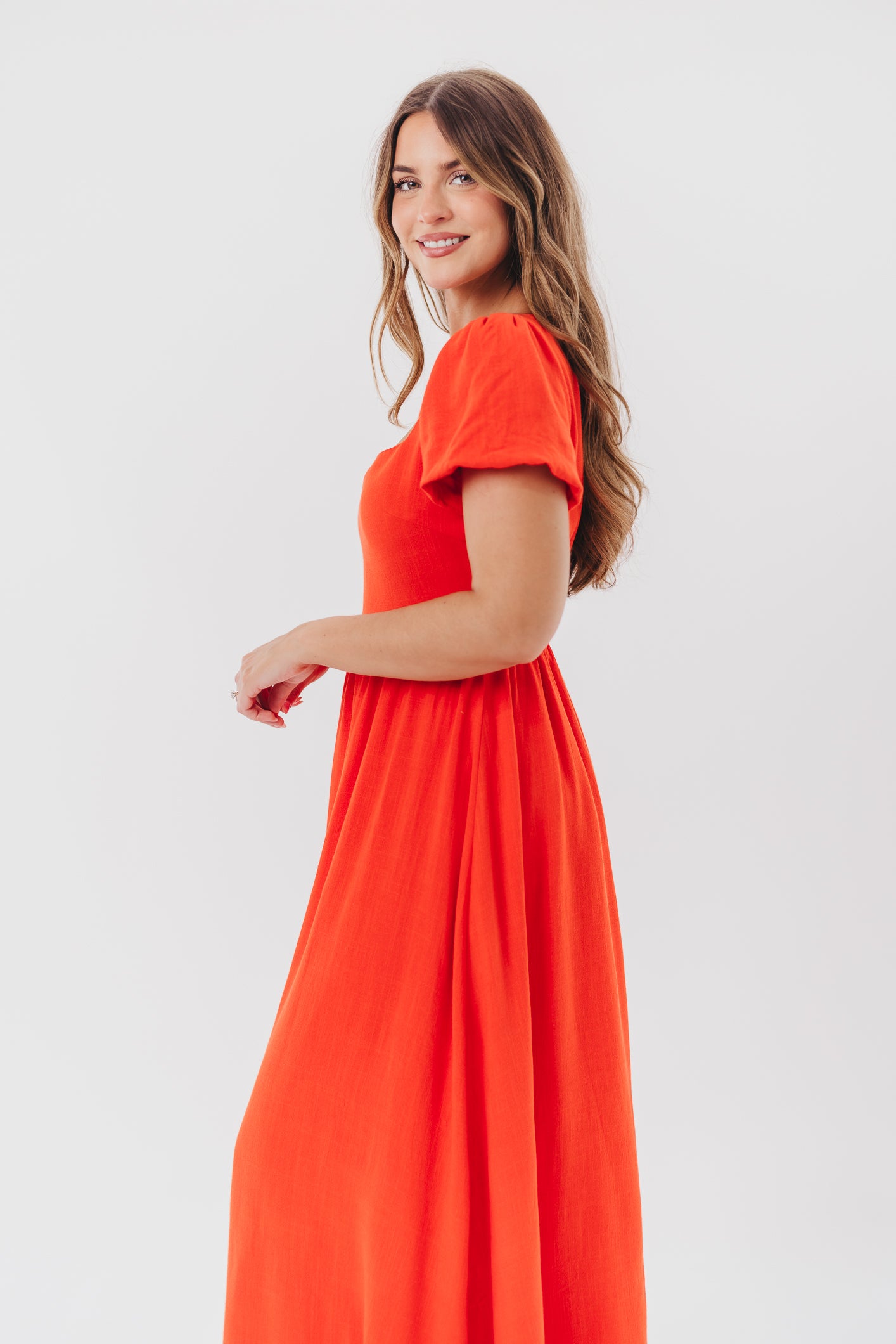 Ainsley Square Neck Midi Dress with Puffed Sleeves in Red Poppy - Bump Friendly & Inclusive Sizing (S-3XL)