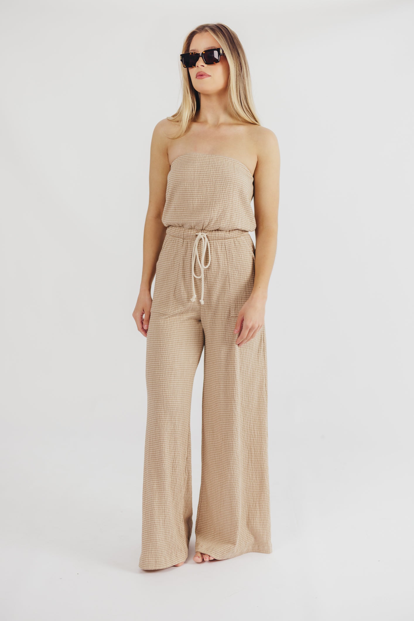 Etienne Strapless Knit Jumpsuit in Taupe/Ivory