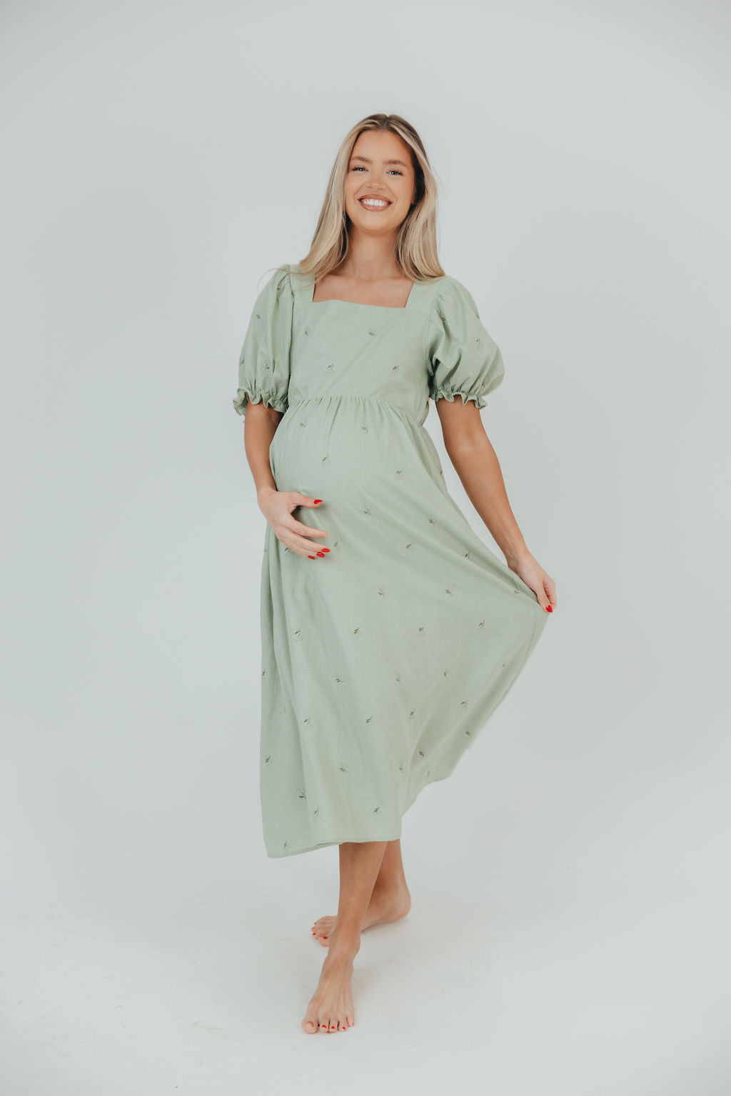 Tate 100% Cotton Midi Dress in Sage - Bump Friendly