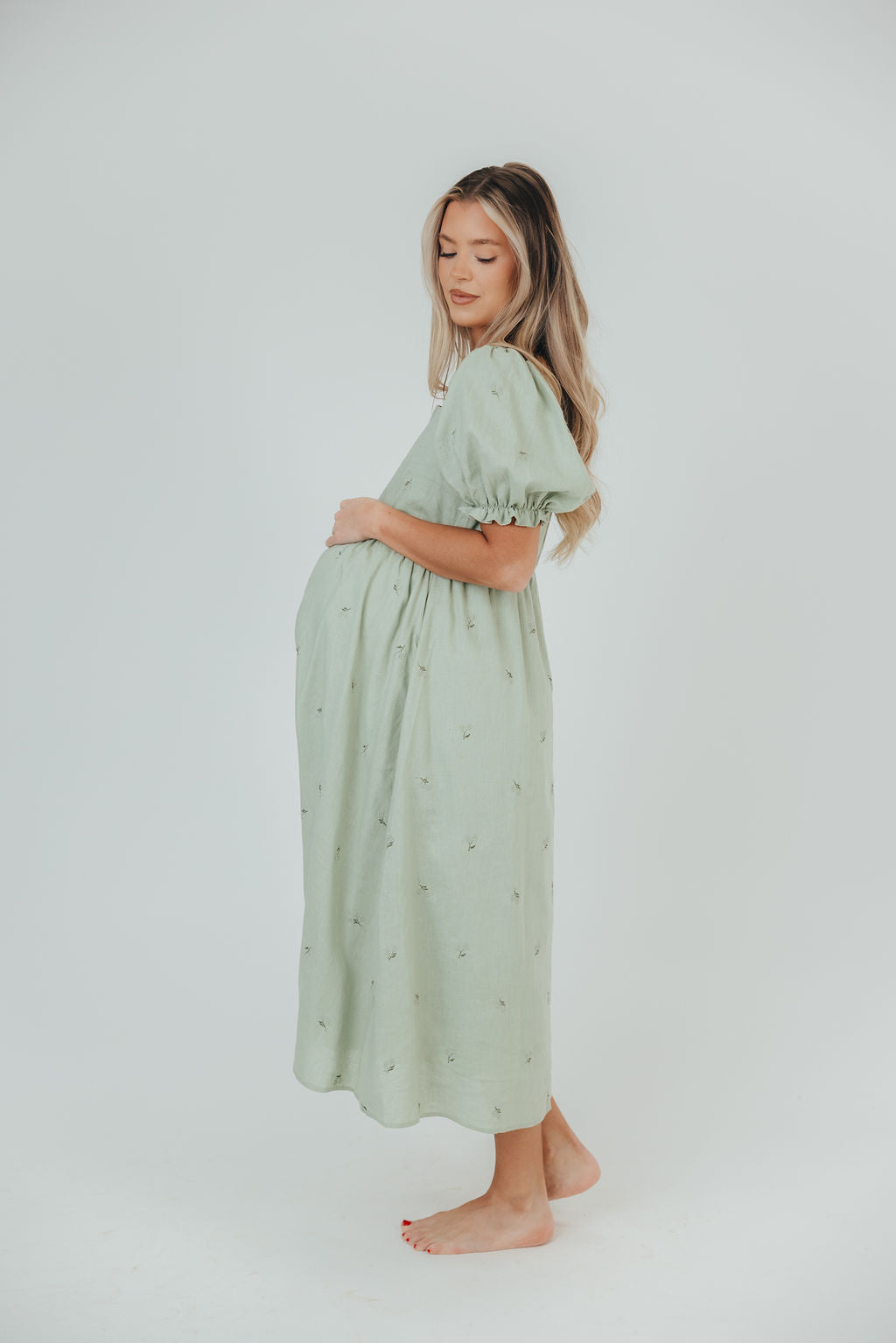 Tate 100% Cotton Midi Dress in Sage - Bump Friendly